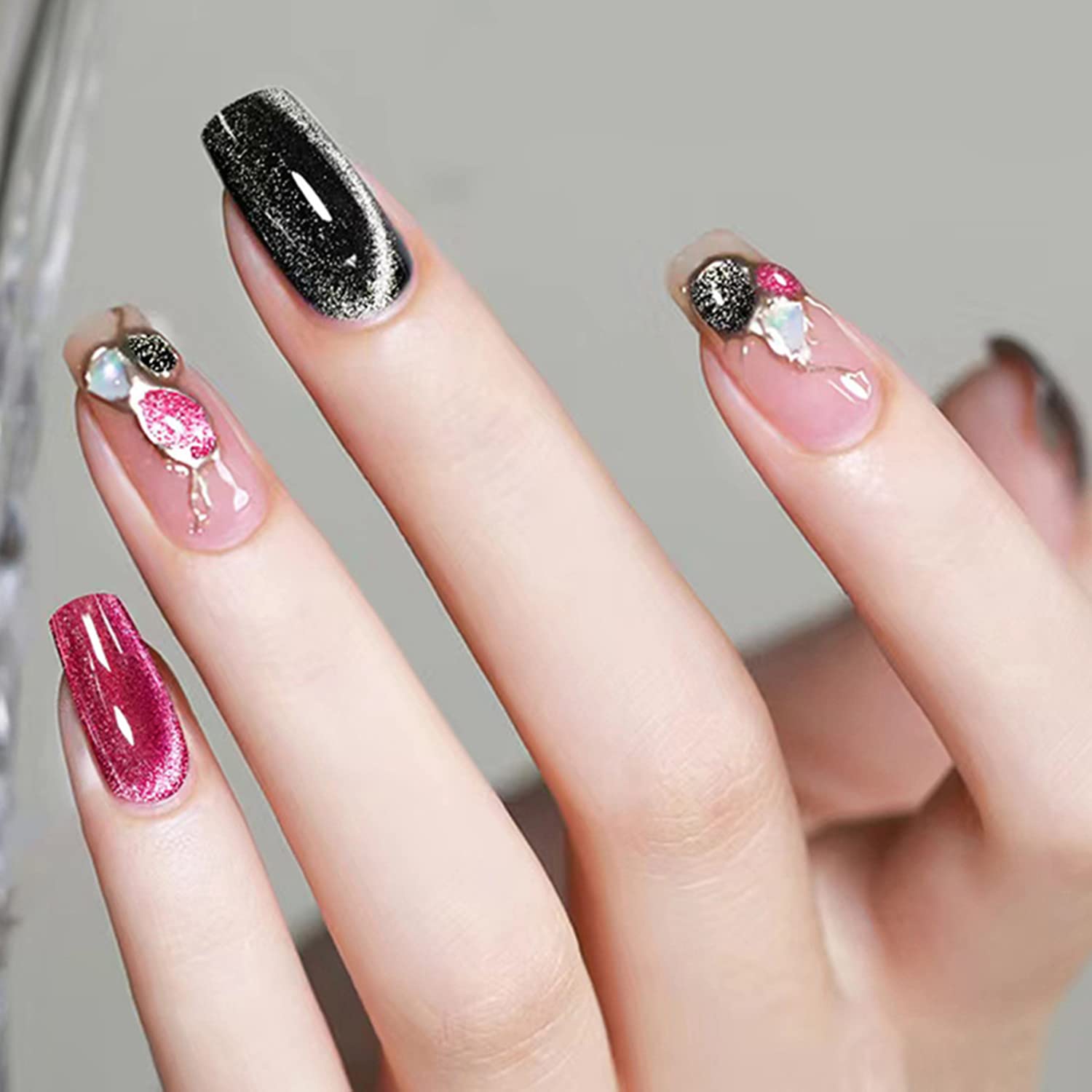Crystal Cat Eye Gel Polish Kits Magnetic Nail Polish Set Holographic Cats Shiny Diamond Glitter Gel with Magnet Stick (Dark Pink) - Image 6