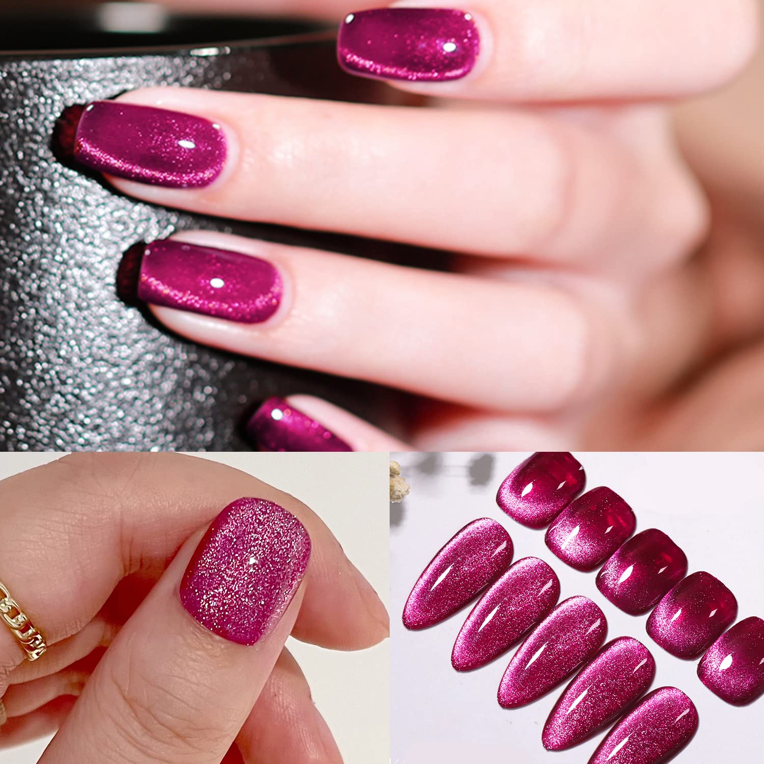 Crystal Cat Eye Gel Polish Kits Magnetic Nail Polish Set Holographic Cats Shiny Diamond Glitter Gel with Magnet Stick (Dark Pink) - Image 4