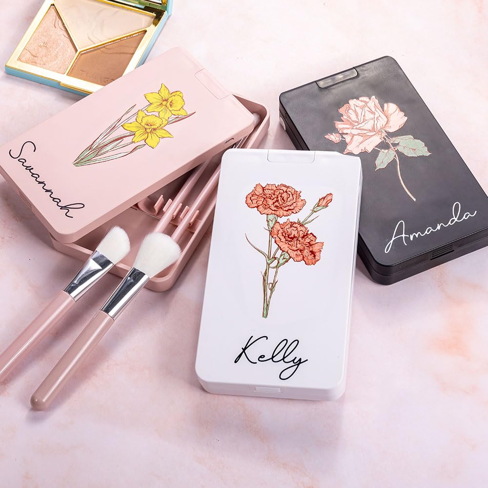 Custom Travel Makeup Brush Set Personalized Name Birth Flower Makeup Brush Case With Rotatable LED Light Mirror 5 Pcs Makeup Brushes Valentine Mother's Day Gifts For Women Black White Pink - Image 8