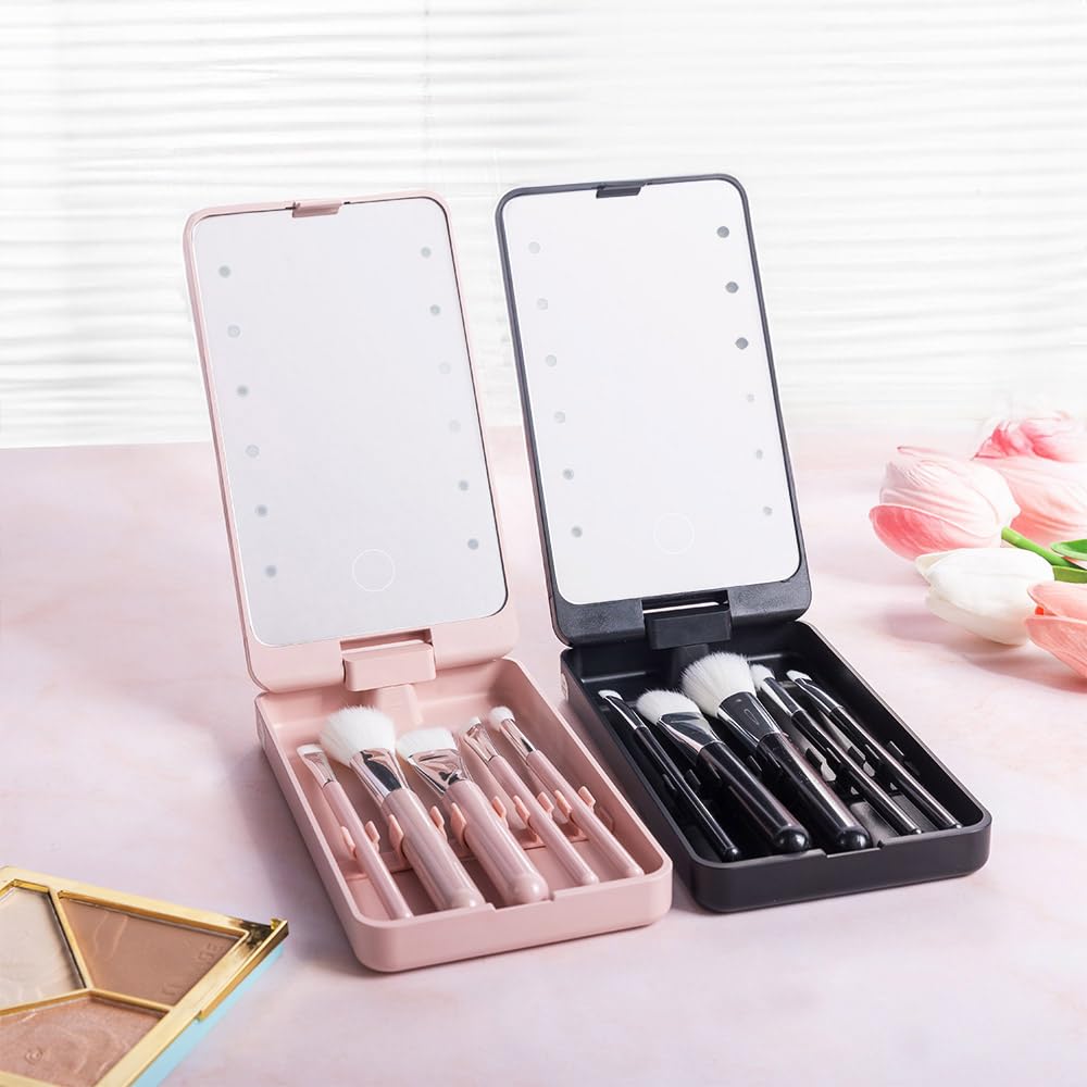 Custom Travel Makeup Brush Set Personalized Name Birth Flower Makeup Brush Case With Rotatable LED Light Mirror 5 Pcs Makeup Brushes Valentine Mother's Day Gifts For Women Black White Pink - Image 5