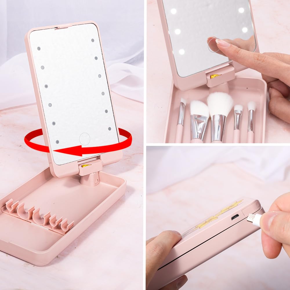 Custom Travel Makeup Brush Set Personalized Name Birth Flower Makeup Brush Case With Rotatable LED Light Mirror 5 Pcs Makeup Brushes Valentine Mother's Day Gifts For Women Black White Pink - Image 2