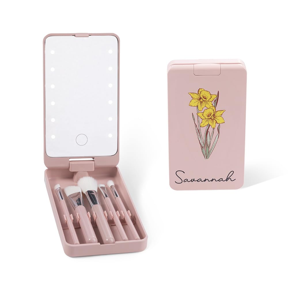 Custom Travel Makeup Brush Set Personalized Name Birth Flower Makeup Brush Case With Rotatable LED Light Mirror 5 Pcs Makeup Brushes Valentine Mother's Day Gifts For Women Black White Pink