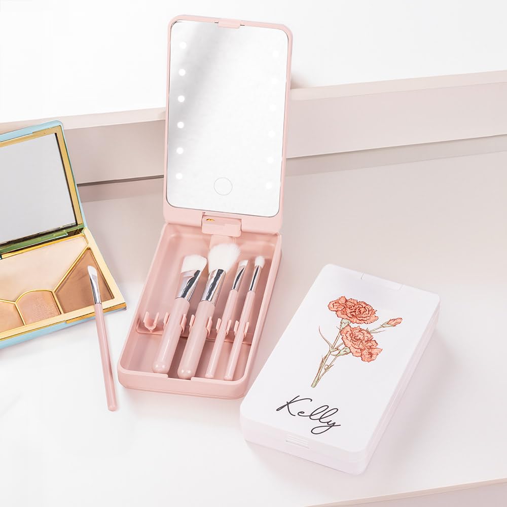 Custom Travel Makeup Brush Set Personalized Name Birth Flower Makeup Brush Case With Rotatable LED Light Mirror 5 Pcs Makeup Brushes Valentine Mother's Day Gifts For Women Black White Pink - Image 9
