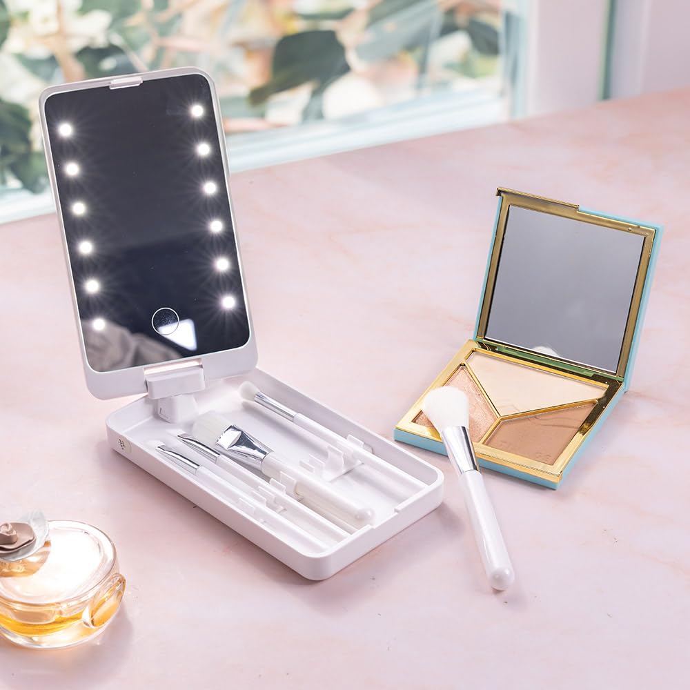 Custom Travel Makeup Brush Set Personalized Name Birth Flower Makeup Brush Case With Rotatable LED Light Mirror 5 Pcs Makeup Brushes Valentine Mother's Day Gifts For Women Black White Pink - Image 4
