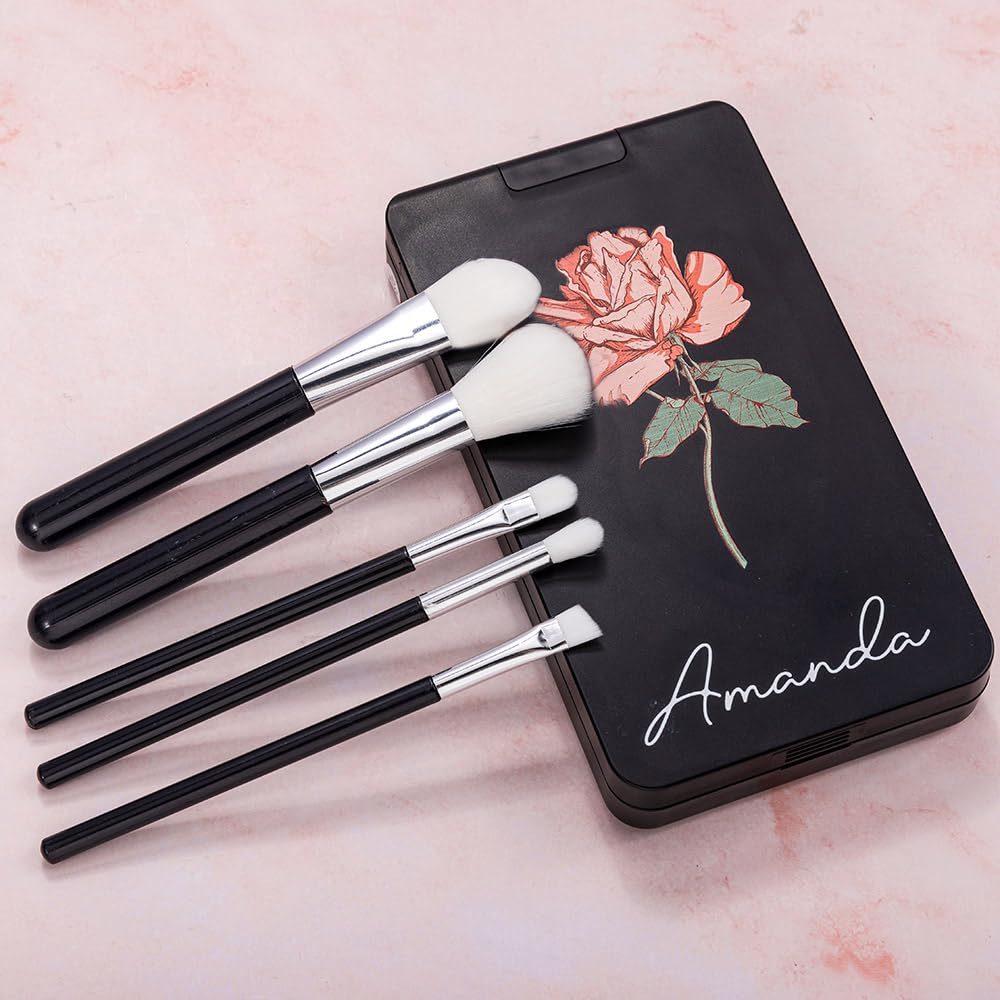 Custom Travel Makeup Brush Set Personalized Name Birth Flower Makeup Brush Case With Rotatable LED Light Mirror 5 Pcs Makeup Brushes Valentine Mother's Day Gifts For Women Black White Pink - Image 3