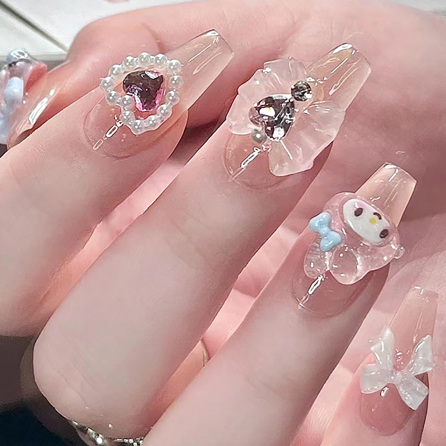 Cute Press on Nails Medium Coffin Fake Nails Glossy Nude Acrylic Nails Glue on Nails with Kawaii Heart Bow Charms Design 3D Artificial Stick on Nails French False Nails for Women Manicure 24Pcs