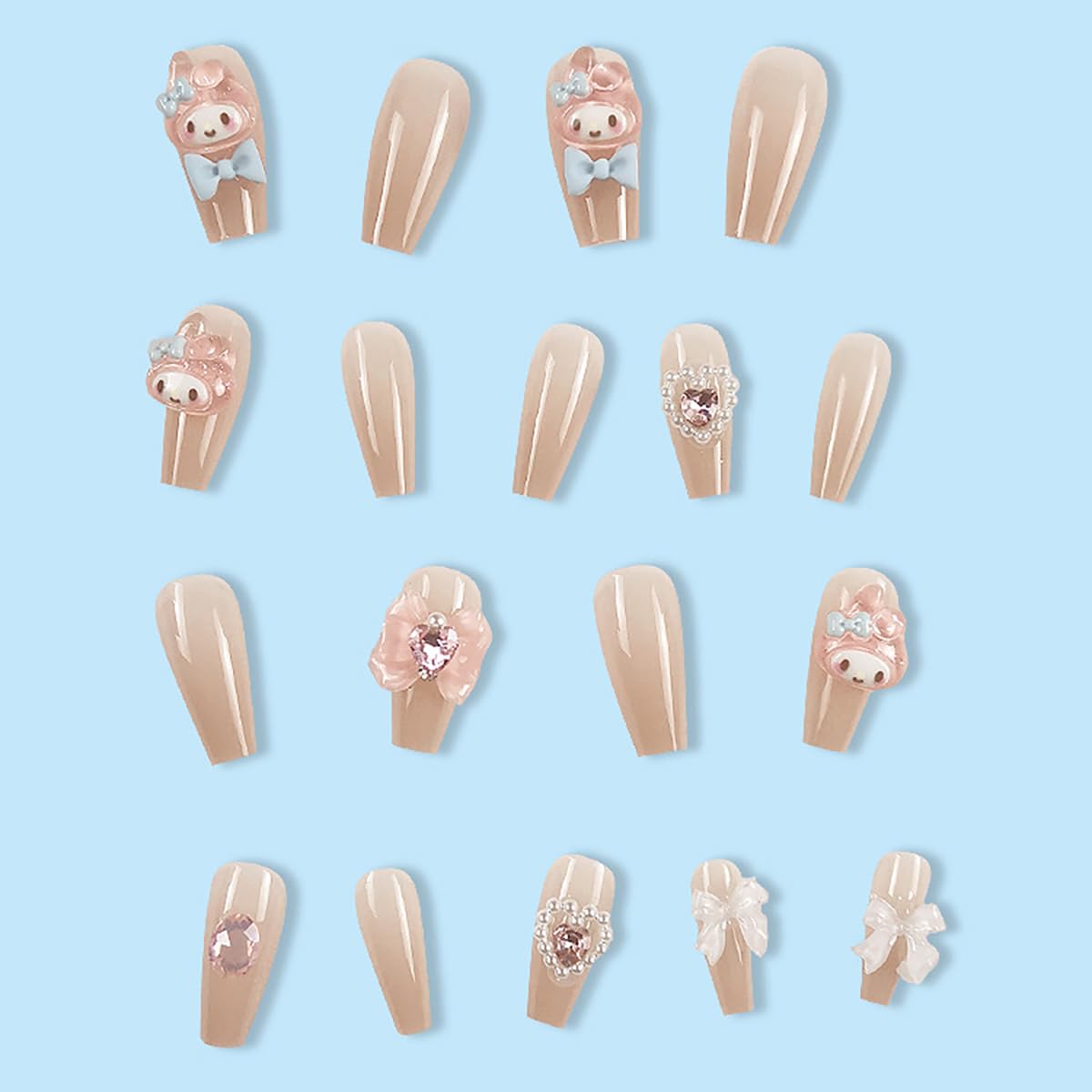Cute Press on Nails Medium Coffin Fake Nails Glossy Nude Acrylic Nails Glue on Nails with Kawaii Heart Bow Charms Design 3D Artificial Stick on Nails French False Nails for Women Manicure 24Pcs - Image 3