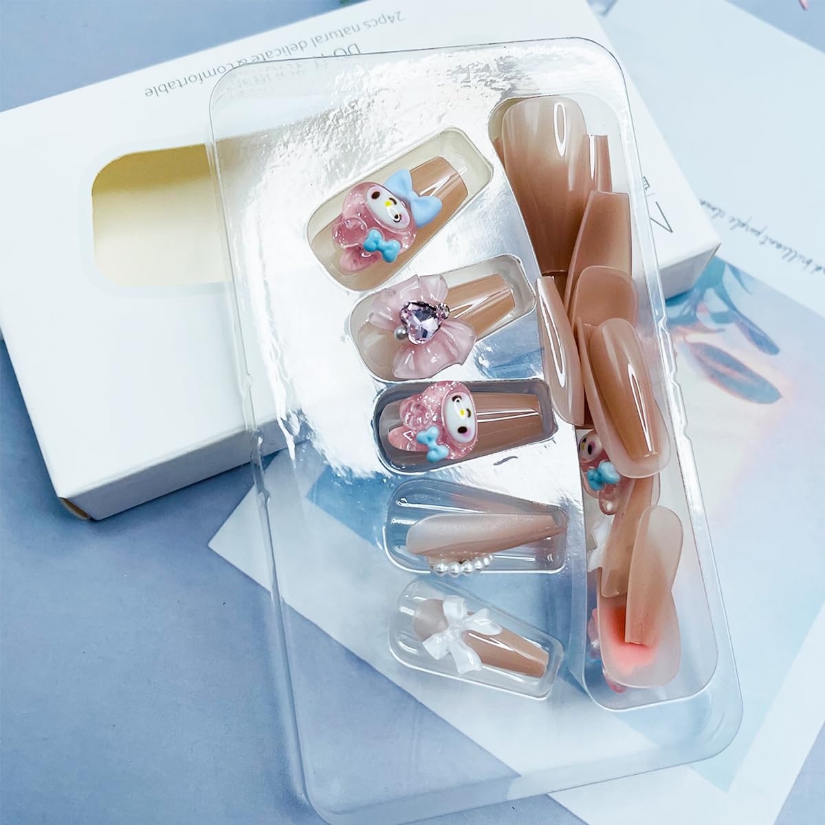 Cute Press on Nails Medium Coffin Fake Nails Glossy Nude Acrylic Nails Glue on Nails with Kawaii Heart Bow Charms Design 3D Artificial Stick on Nails French False Nails for Women Manicure 24Pcs - Image 6