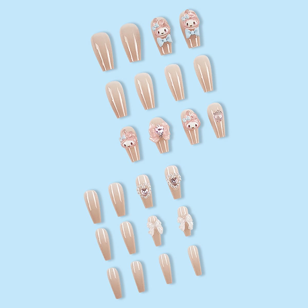 Cute Press on Nails Medium Coffin Fake Nails Glossy Nude Acrylic Nails Glue on Nails with Kawaii Heart Bow Charms Design 3D Artificial Stick on Nails French False Nails for Women Manicure 24Pcs - Image 4
