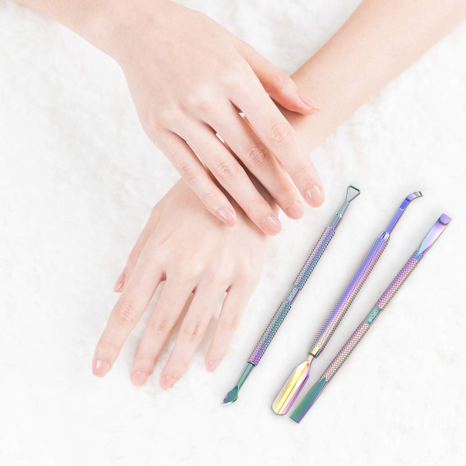 Cuticle Pusher Acetone/Gel/Nail Polish Remover Stainless Steel Professional 3pcs Set Cuticle Scraper Fingernails & Toenails Clean Manicure Tools Cuticle Care for Women&Girl,opove CP-3 (Rainbow Color) - Image 3