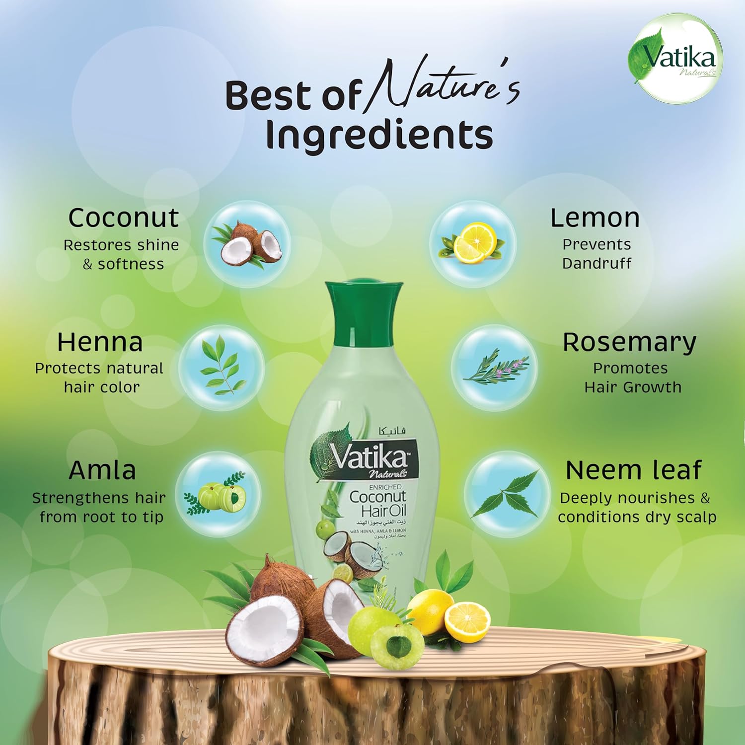 Dabur Vatika Naturals Coconut Hair Oil with Henna, Amla, Lemon & 5 Herbs - Nourish & Strengthen Hair & Scalp for Healthy & Radiant Hair for Kids, Women & Adults - 10.14 Fl Oz (Pack of 1) - Image 4