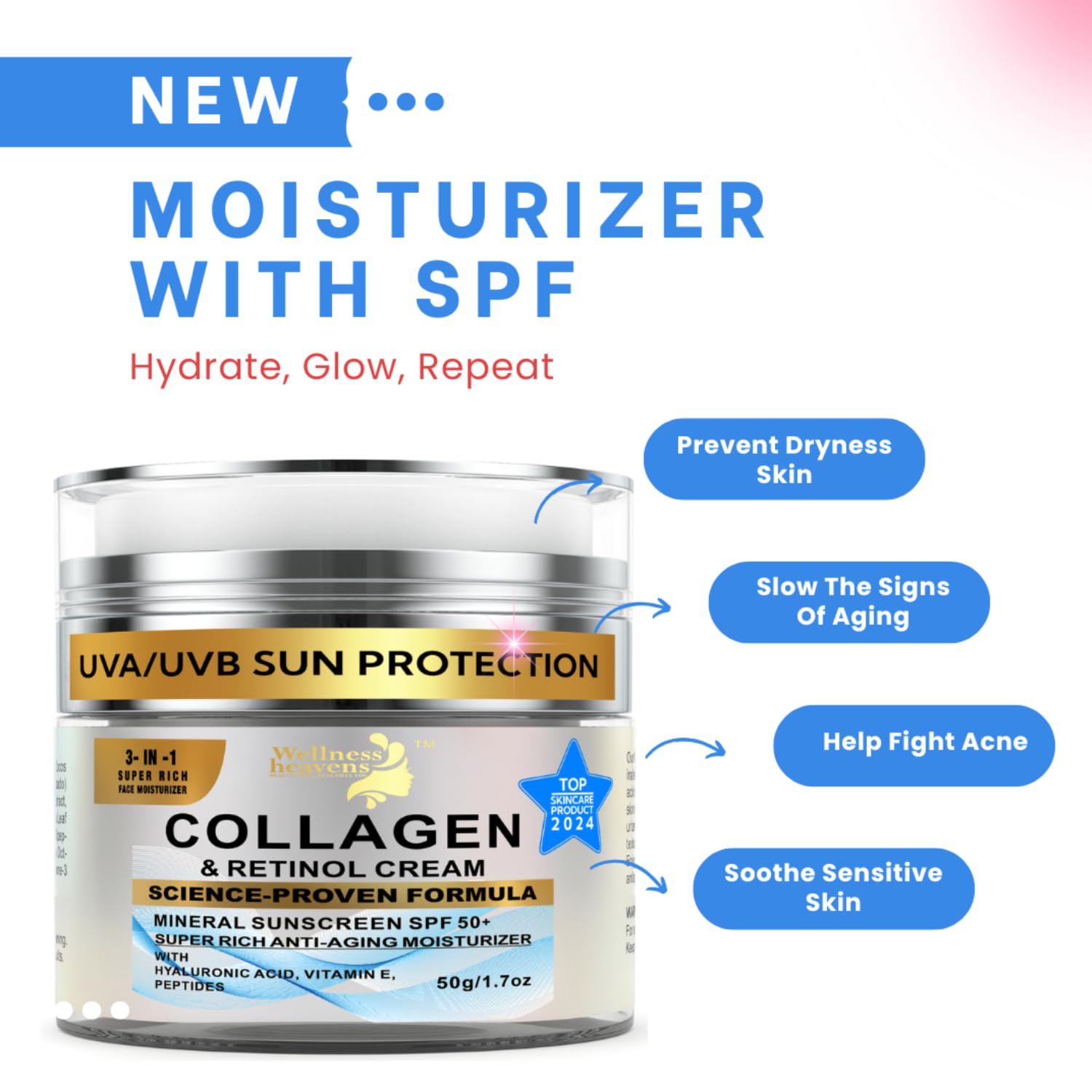 Daily Face Moisturizer with SPF 50 - Retinol, Hyaluronic Acid & Collagen with Age-Defying, Lift & Firm Cream and Sun Protection - Day & Night Repair Anti-Aging Face Moisturizer with Sunscreen | 1.7oz - Image 10