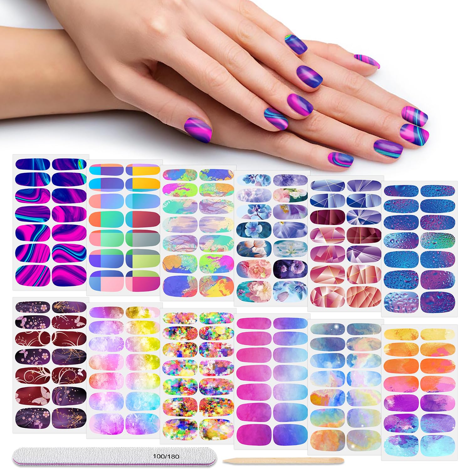 DANNEASY 12 Sheets Nail Polish Strips Self Adhesive Gel Nail Stickers Full Nail Wraps for Women Girl Graffiti Gradient Starry Sky Nails Design Gel Strips Manicure Nail Art Accessories