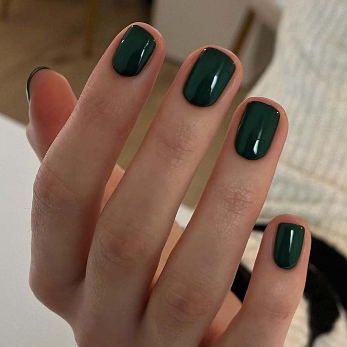Dark Green Press on Nails Short Fake Nails Square False Nails Press ons with Solid Color Designs Spring Acrylic Nails Glossy Full Cover Stick on Nails for Women Manicure 24 Pcs - Image 2