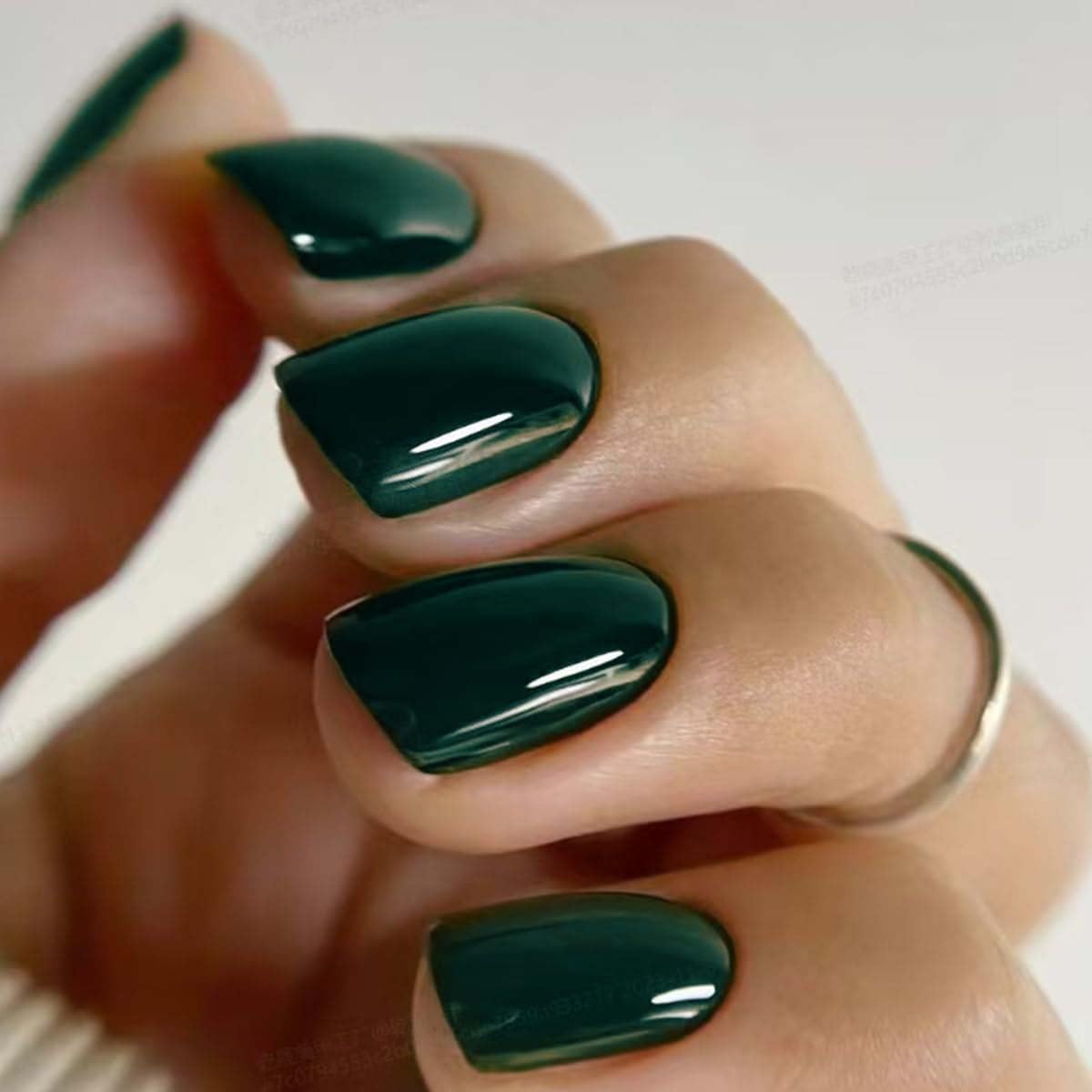 Dark Green Press on Nails Short Fake Nails Square False Nails Press ons with Solid Color Designs Spring Acrylic Nails Glossy Full Cover Stick on Nails for Women Manicure 24 Pcs - Image 3
