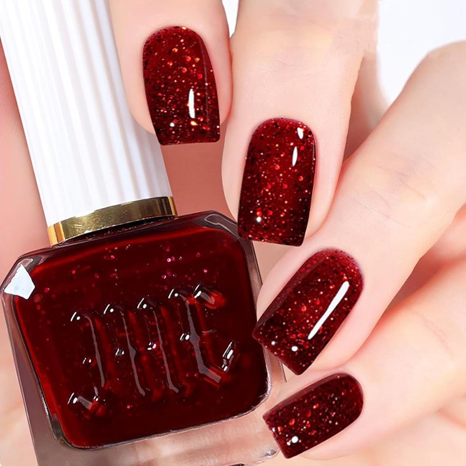 Dark Red Nail Polish - Burgundy Glitter Fingernail Polish - Chunky Bright Nail Varnish - High Glossy Sparkly Nail Polish Fast Drying Nail Gel for Women Girls DIY at Home