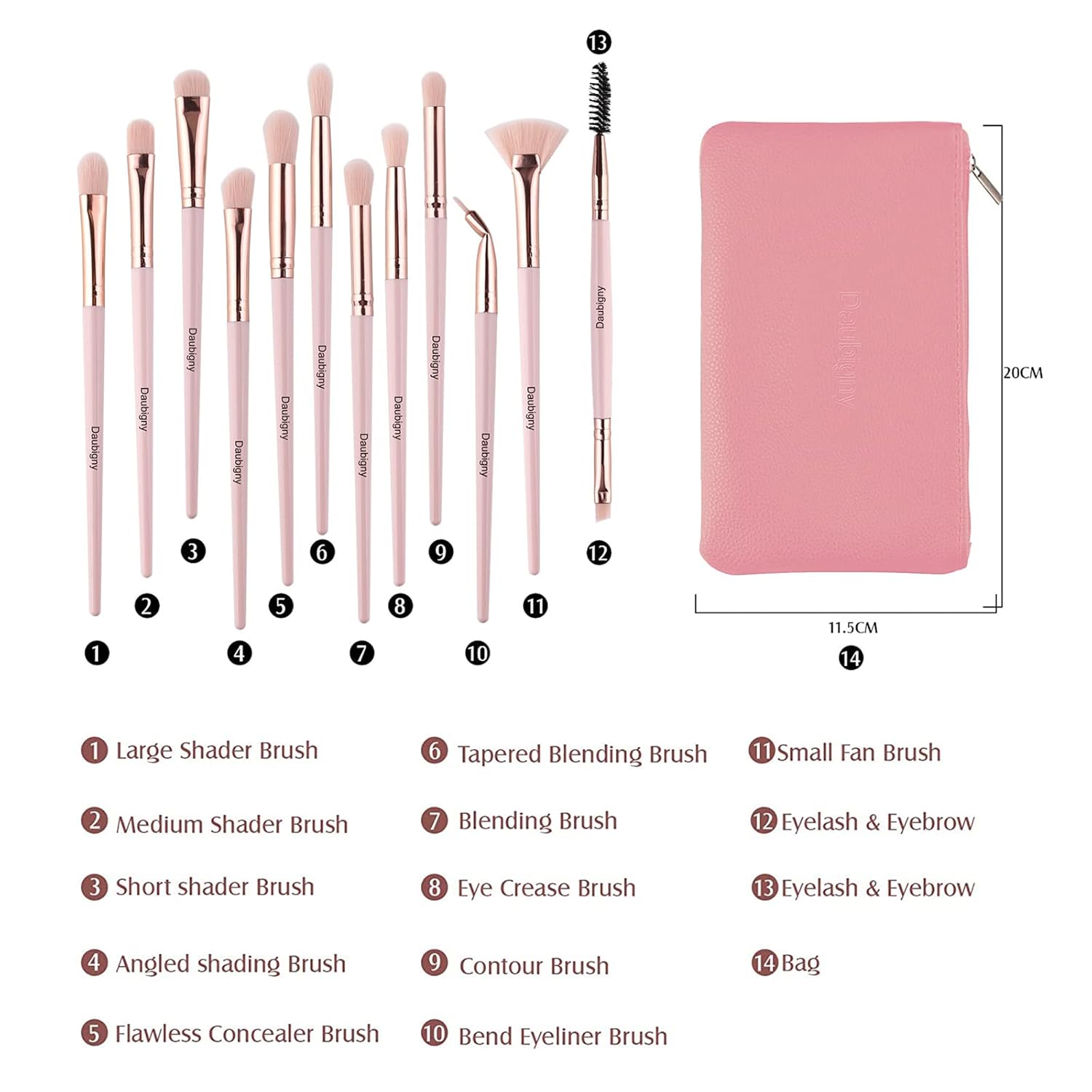 Daubigny Eye Makeup Brushes,12 PCS Professional Eye shadow, Concealer, Eyebrow, Foundation, Powder Liquid Cream Blending Brushes Set With Carrying Bag(Pink) - Image 3