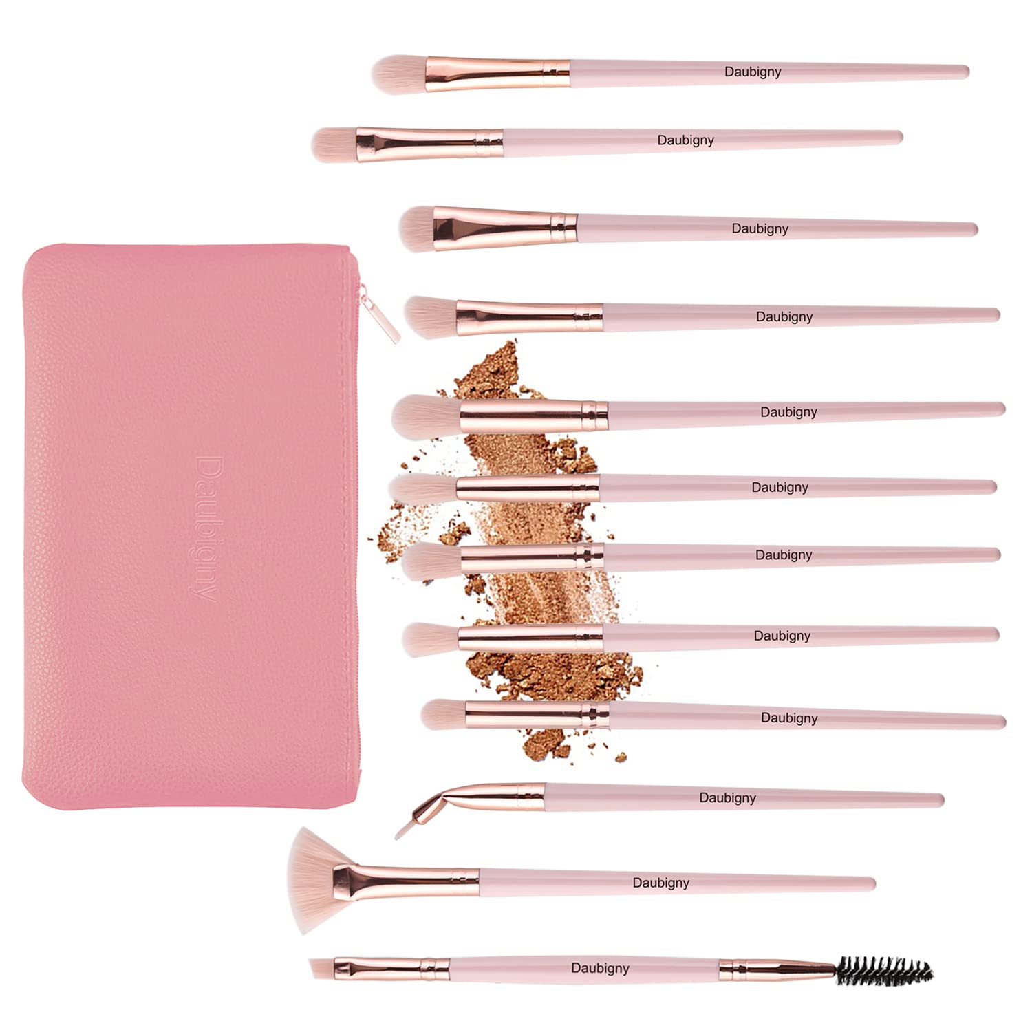 Daubigny Eye Makeup Brushes,12 PCS Professional Eye shadow, Concealer, Eyebrow, Foundation, Powder Liquid Cream Blending Brushes Set With Carrying Bag(Pink) - Image 5