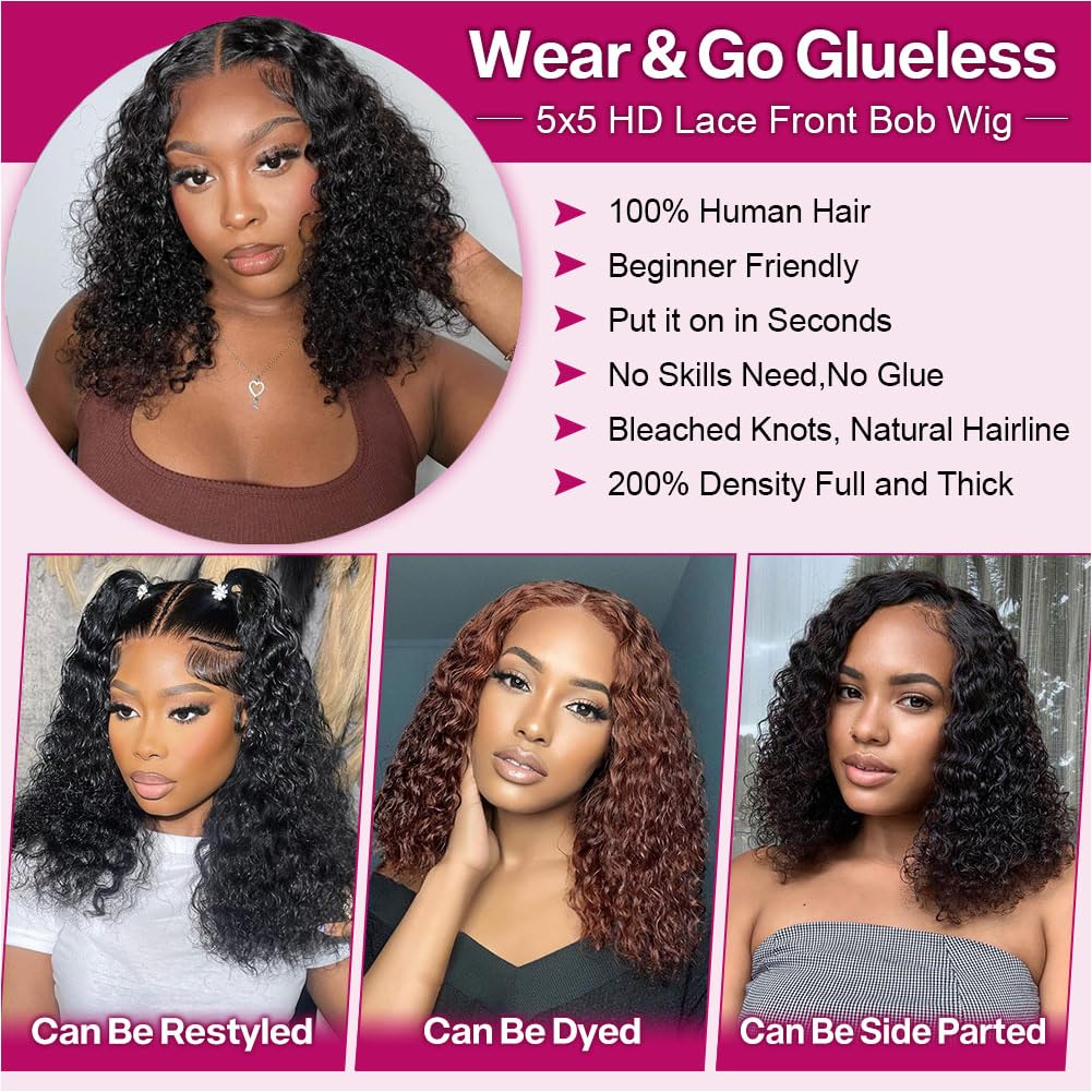 Deep Wave Bob Wig Human Hair 200% Density 5x5 Hd Lace Closure Wigs Human Hair Bob Wigs For Black Women Wear And Go Glueless Curly Bob Wig Deep Wave Wig 14 Inch - Image 3