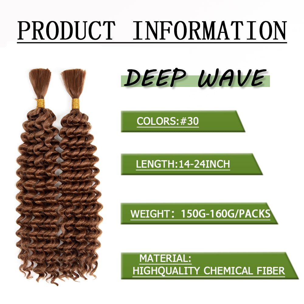 Deep Wave Bulk hair for Braiding Wet and Wavy Micro Braiding Hair No Weft Faux Deep Wave Braiding Hair Extensions for Box Boho Braids 150g with 2Bundles #30 (16Inch) - Image 2