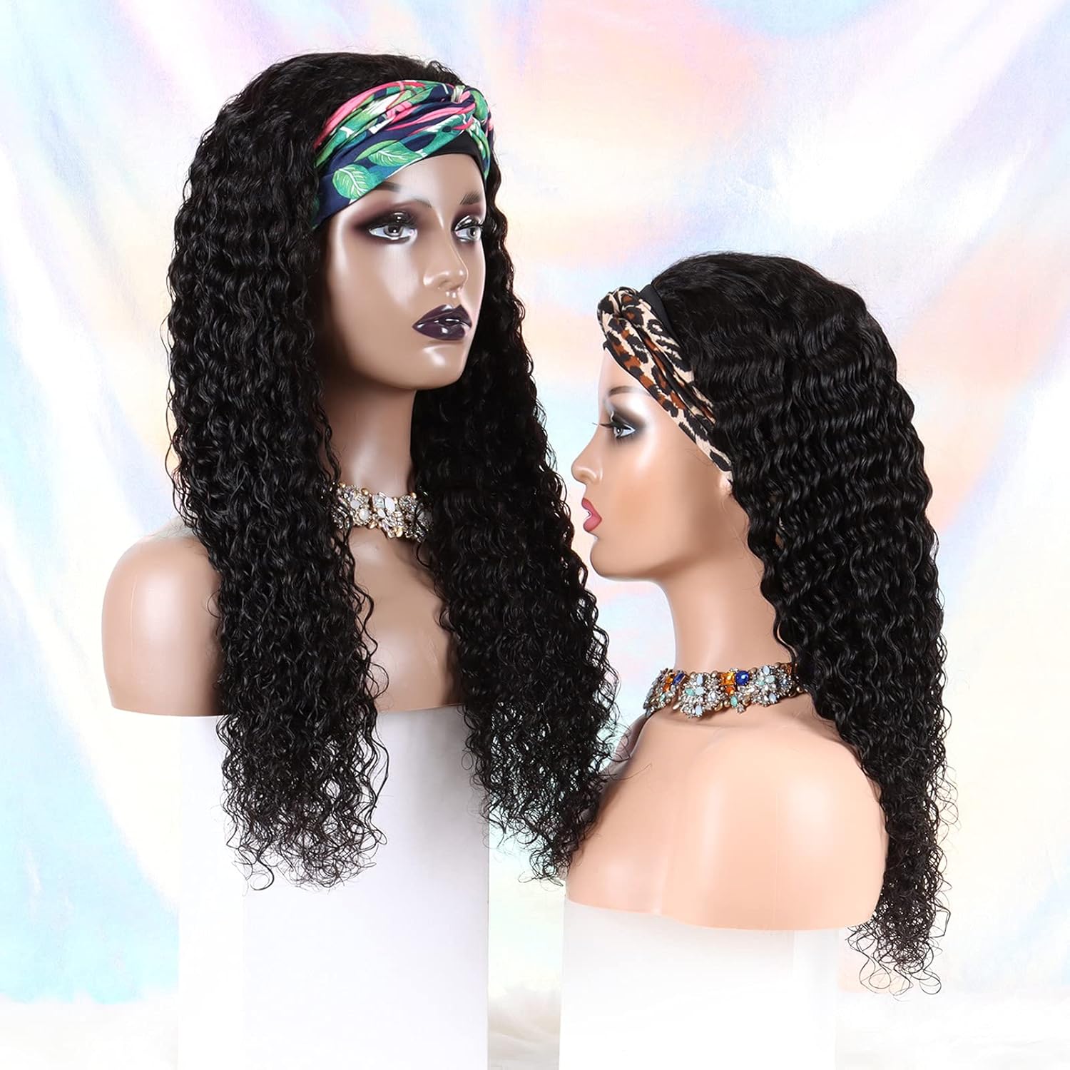 Deep Wave Headband Wig Human Hair Wigs for Black Women - Brazilian Virgin Hair Deep Wave Wig Headband - Glueless None Lace Front Deep Curly Wigs Human Hair 150% Density Natural Black (20 Inch)