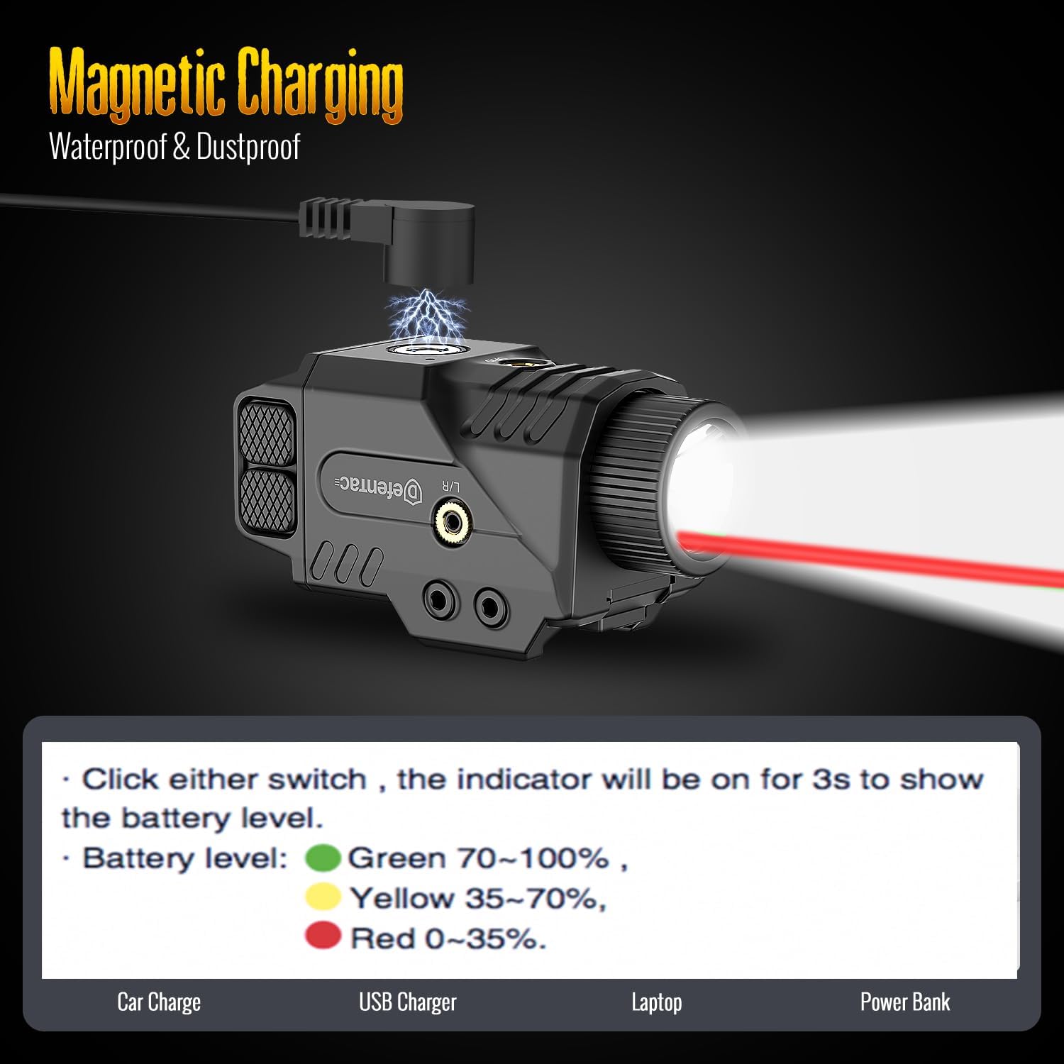 DEFENTAC 800lm Slidable Pistol Light and Red/Green/Blue Laser Sight Combo, Strobe and Momentary Beams for Guns, Magnetic Rechargeable - Image 7