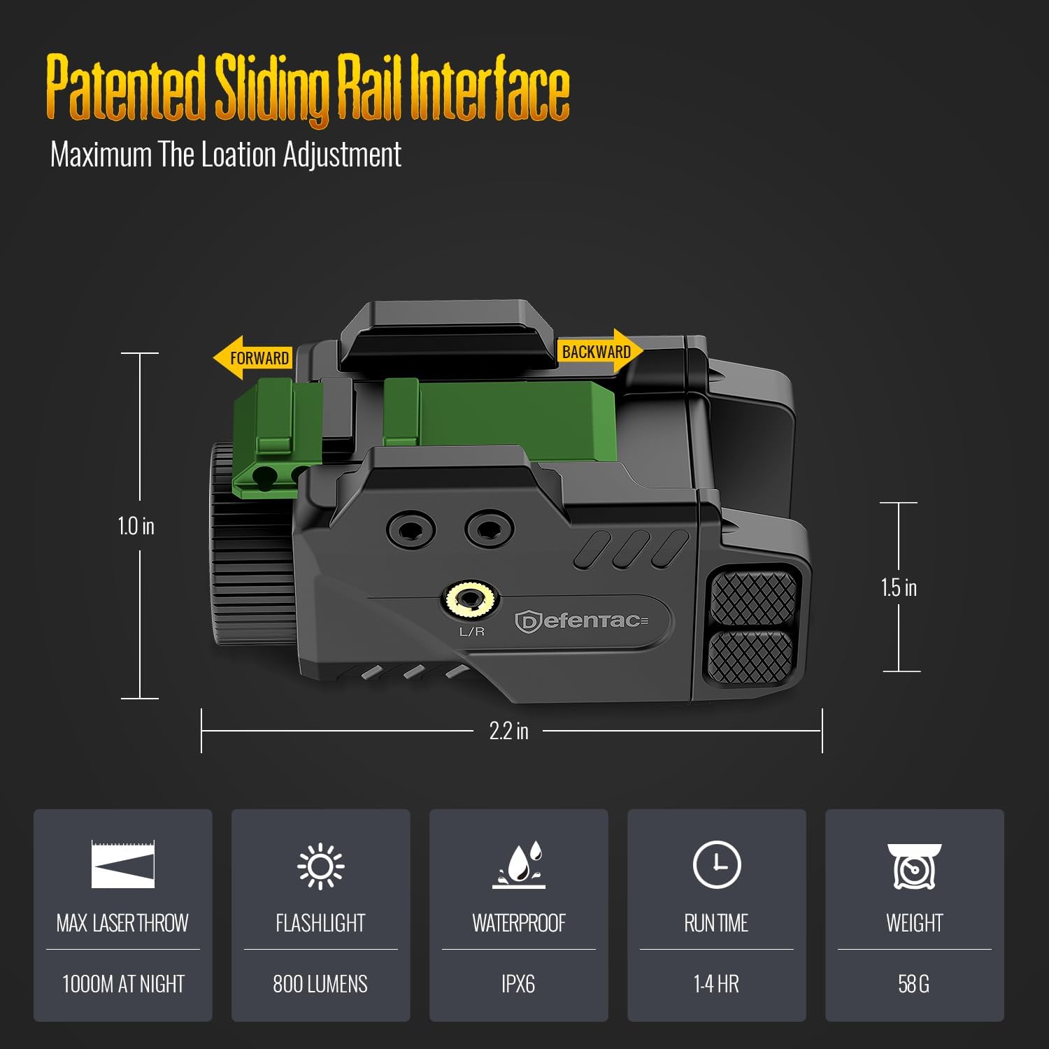 DEFENTAC 800lm Slidable Pistol Light and Red/Green/Blue Laser Sight Combo, Strobe and Momentary Beams for Guns, Magnetic Rechargeable - Image 2