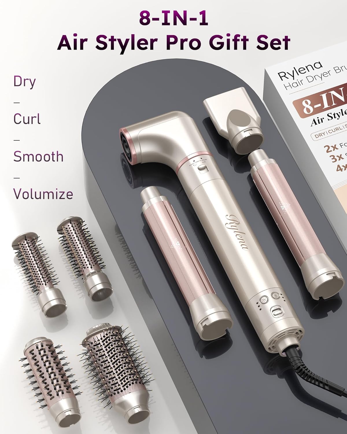 Deluxe 8-in-1 Air Styler Pro 2025 by Rylena, Hair Dryer Brush for Fast Drying, Auto Curling, Smoothing&Volumizing, 8 Attachable Heads, 110,000 RPM High-Speed Multi Styler, 600M Ionic Care, Stone - Image 6