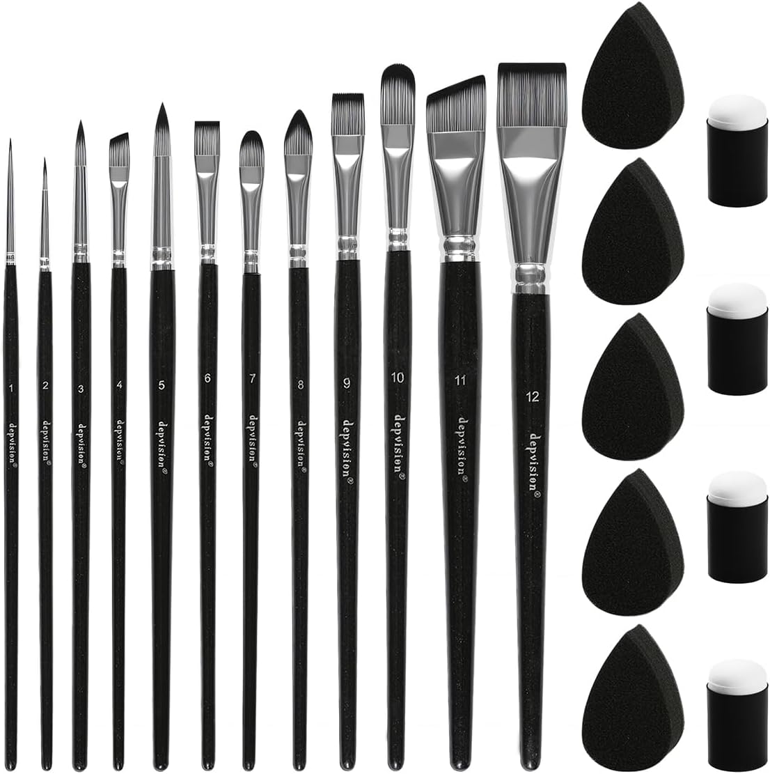 Depvision Paint Brushes Set 12 Pcs Face Paint Brushes and Sponges Set Professional Paint Brushes for Acrylic Painting Acrylic Oil Watercolor Tempera Painting Artist Paintbrush for Kids Adult