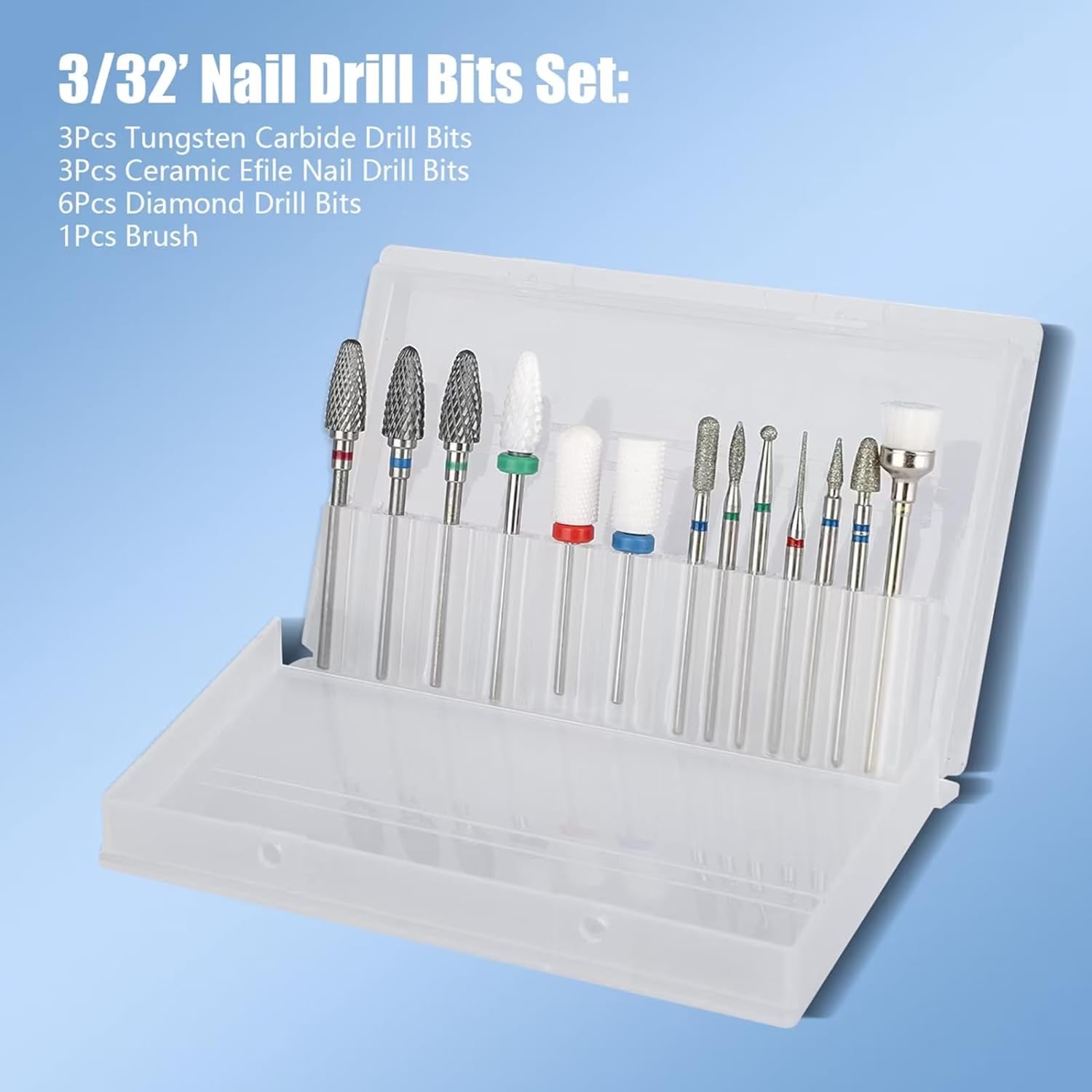 Depvko 13PC Nail Drill Bits Set, Drill Bits for Nails, 3pcs Tungsten Carbide Drill Bits+ 3pcs Ceramic Efile Nail Drill Bits+ 6pcs Cuticle Drill Bits+ 1pcs Brush, 3/32 inch Nail Bits for Nail Drill - Image 7