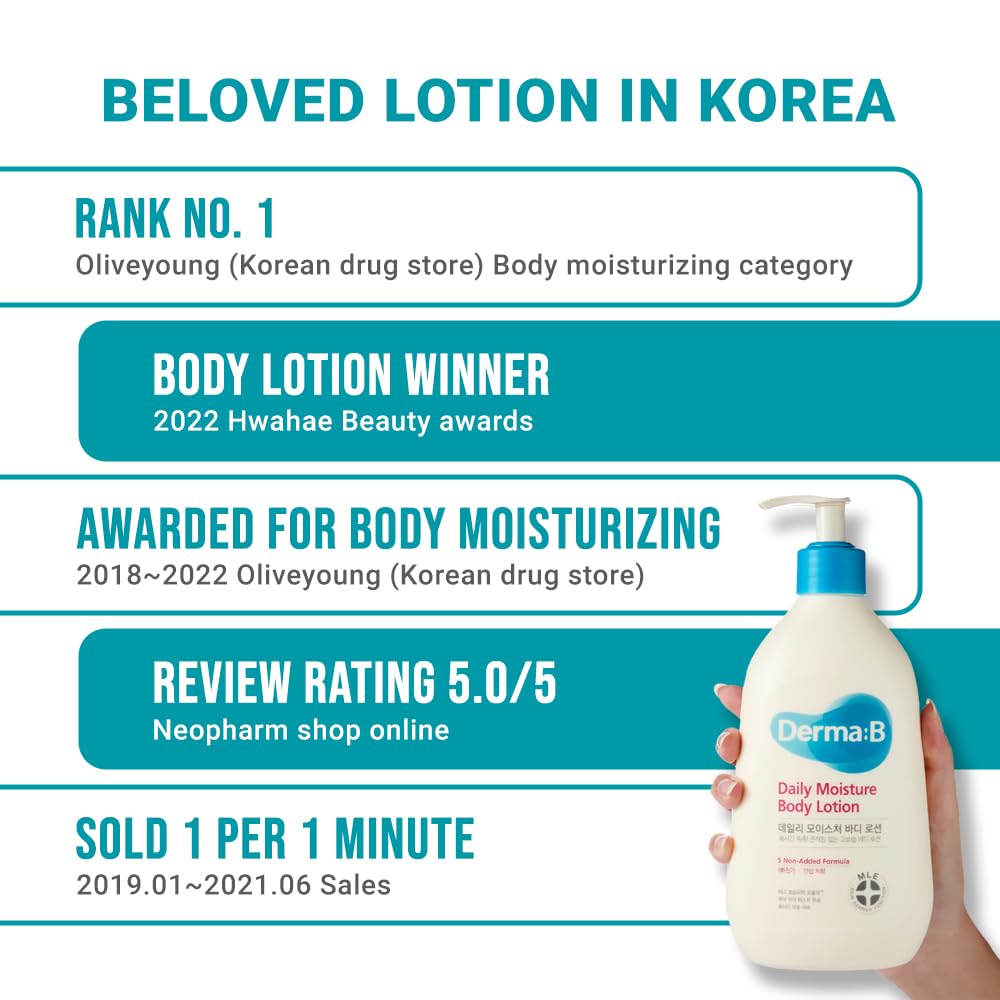 DERMA B | Daily Moisture Body Lotion | Body Cream for Dry Skin | Long-Lasting Body Moisturizer for Sensitive Skin | Woody & Powdery Scented | Skincare with Panthenol, Shea Butter | 13.5 fl oz (400ml) - Image 3