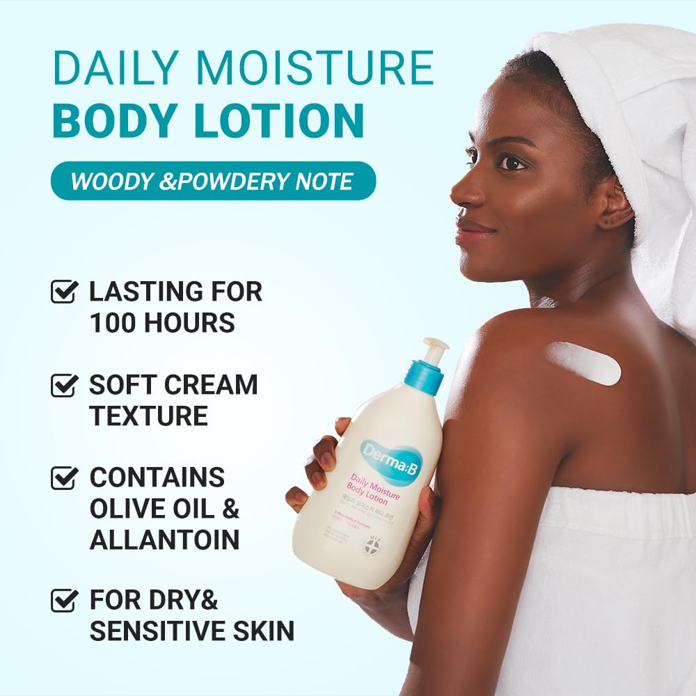 DERMA B | Daily Moisture Body Lotion | Body Cream for Dry Skin | Long-Lasting Body Moisturizer for Sensitive Skin | Woody & Powdery Scented | Skincare with Panthenol, Shea Butter | 13.5 fl oz (400ml) - Image 2