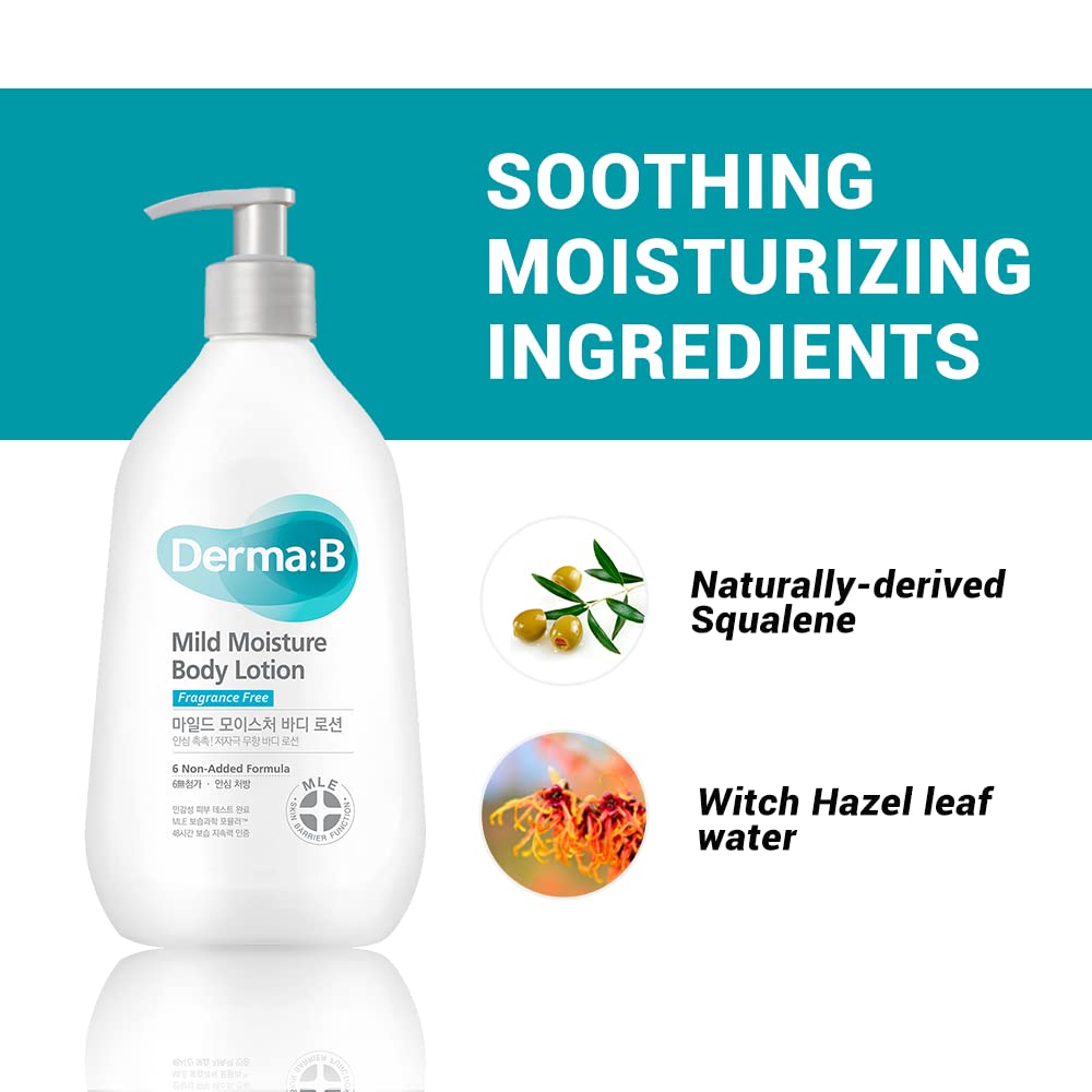 DERMA B Mild Moisture Body Lotion, Fragrance-Free Non-Irritating Body Moisturizer for Dry & Sensitive Skin with Witch Hazel, Unscented Fast-Absorbing Moisturizing Korean Skincare,13.5 Fl Oz,400ml - Image 3