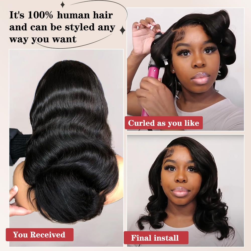 Devonia 12 Inch Body Wave Lace Front Wigs Human Hair Pre Plucked 13x4 HD Lace Frontal Human Hair Wig 180 Density Lace Front wig for Women Short Black Wig - Image 3