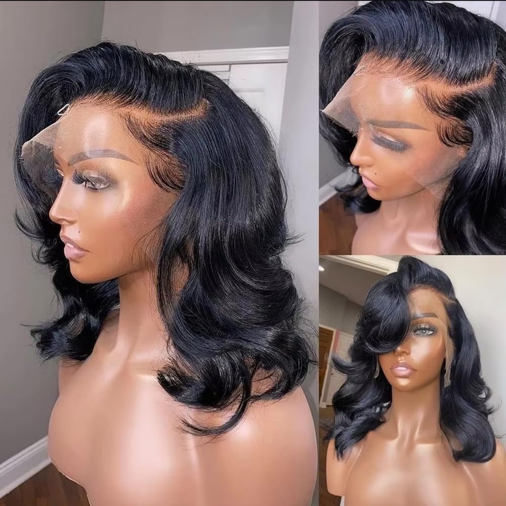 Devonia 12 Inch Body Wave Lace Front Wigs Human Hair Pre Plucked 13x4 HD Lace Frontal Human Hair Wig 180 Density Lace Front wig for Women Short Black Wig - Image 2