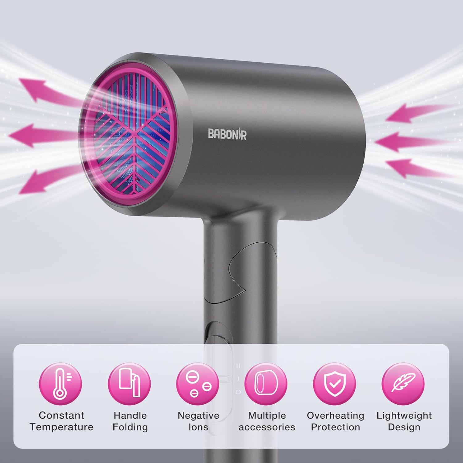 Diffuser Hair Dryer, 1875W Fast Drying, Foldable Travel Design, Turbo Blow Dryer with Diffuser and Concentrator Nozzle, Compact & Powerful Ionic Hairdryer, 3 Temps & 2 Speeds Lightweight, Gray - Image 8
