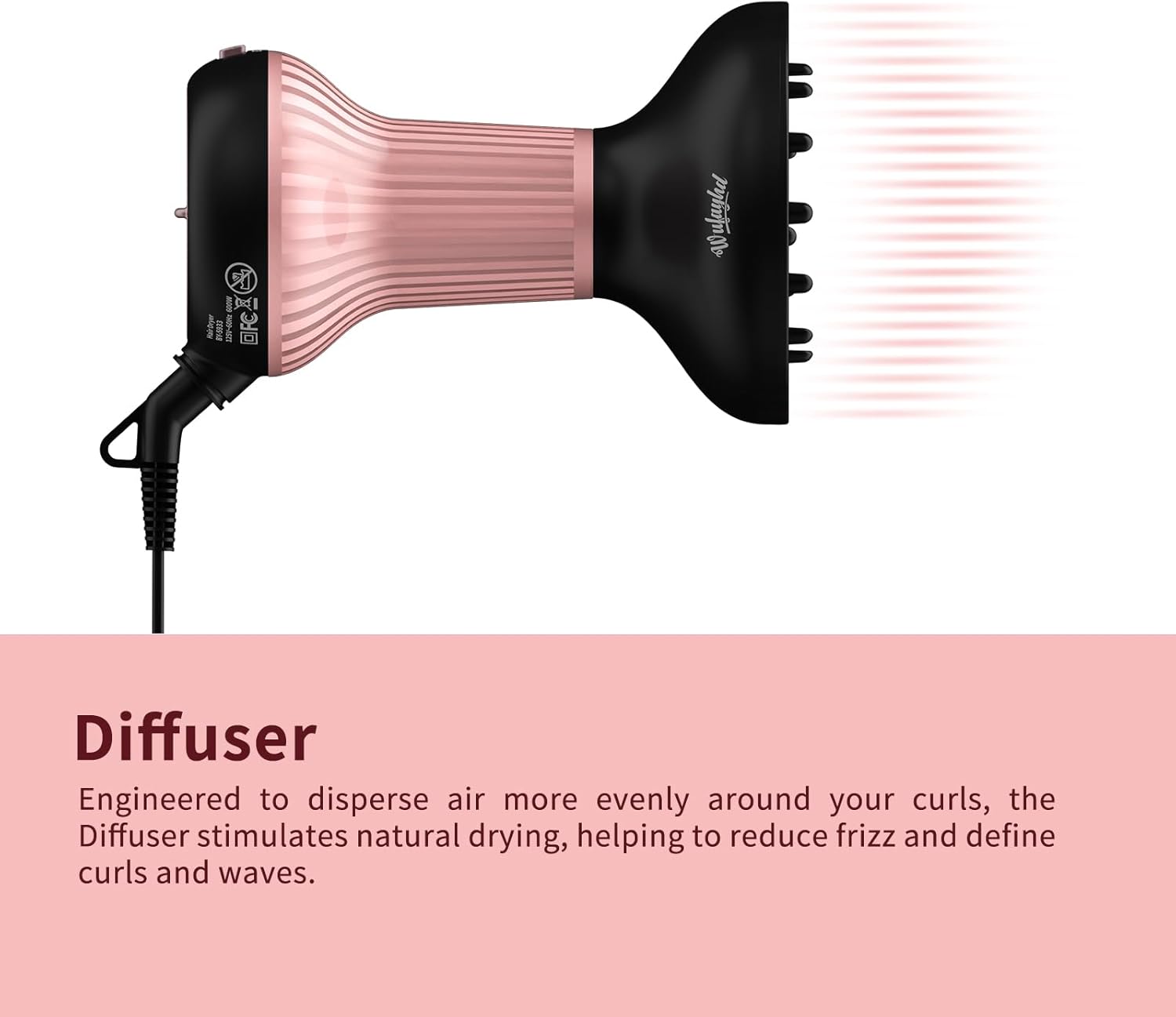Diffuser Hair Dryer for Curly Hair with Ceramic Tips, Lightweight Elegance, 2-in-1, Gifts for Her, Reduces Frizz, Enhances Curls, Volumizes, Portable Hair Dryer, ALCI Safety Plug - Image 6