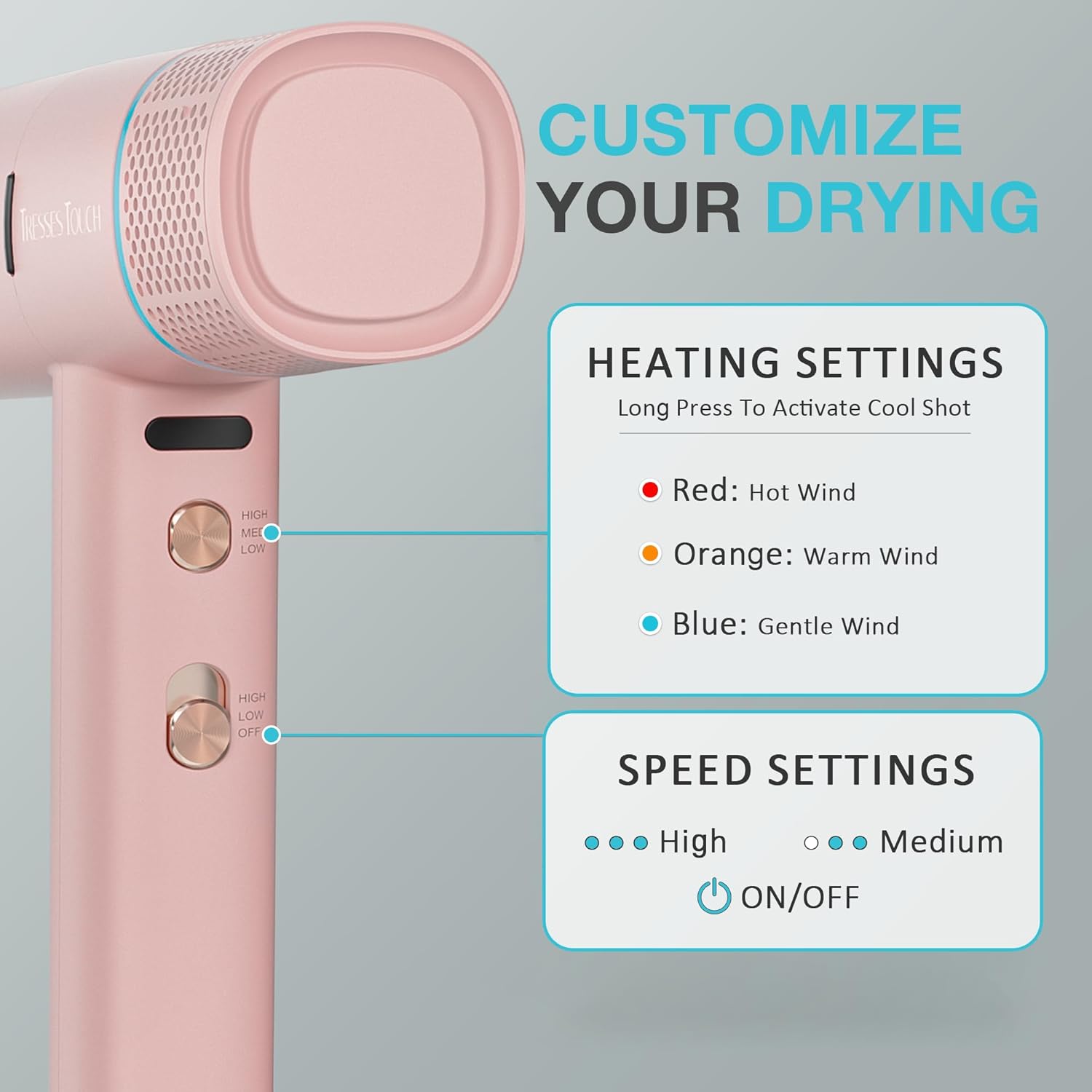 Diffuser Hair Dryers for Women, Professional High Speed Portable Ionic Hair Blow Dryer with Diffuser, 3 Temps/2 Speeds, 6.56 Ft Cord, Best for Straight & Wavy Hair, for Home Travel, Pink - Image 6