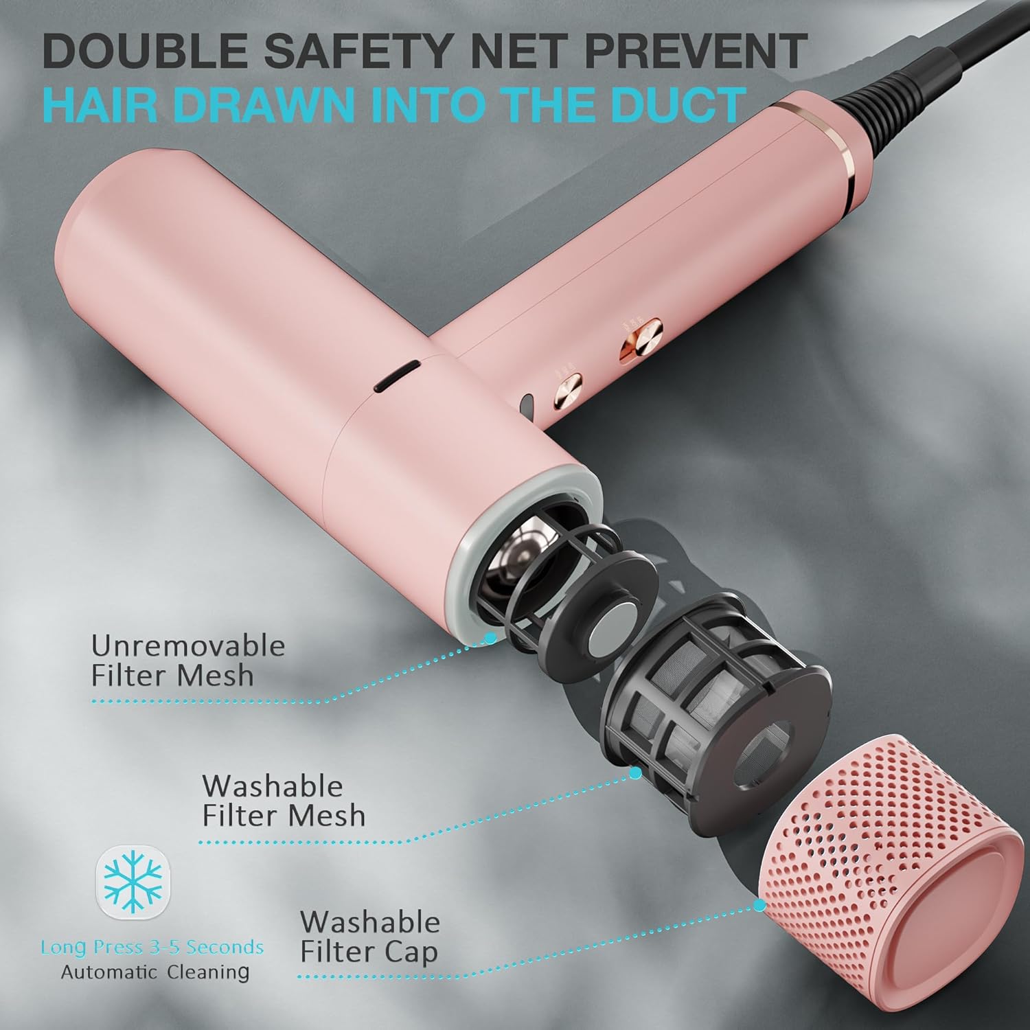 Diffuser Hair Dryers for Women, Professional High Speed Portable Ionic Hair Blow Dryer with Diffuser, 3 Temps/2 Speeds, 6.56 Ft Cord, Best for Straight & Wavy Hair, for Home Travel, Pink - Image 4