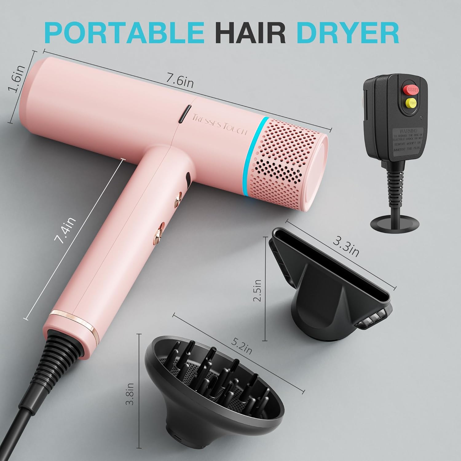 Diffuser Hair Dryers for Women, Professional High Speed Portable Ionic Hair Blow Dryer with Diffuser, 3 Temps/2 Speeds, 6.56 Ft Cord, Best for Straight & Wavy Hair, for Home Travel, Pink - Image 2