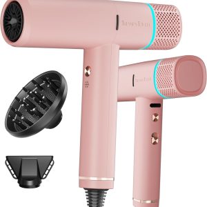 Diffuser Hair Dryers for Women, Professional High Speed Portable Ionic Hair Blow Dryer with Diffuser, 3 Temps/2 Speeds, 6.56 Ft Cord, Best for Straight & Wavy Hair, for Home Travel, Pink