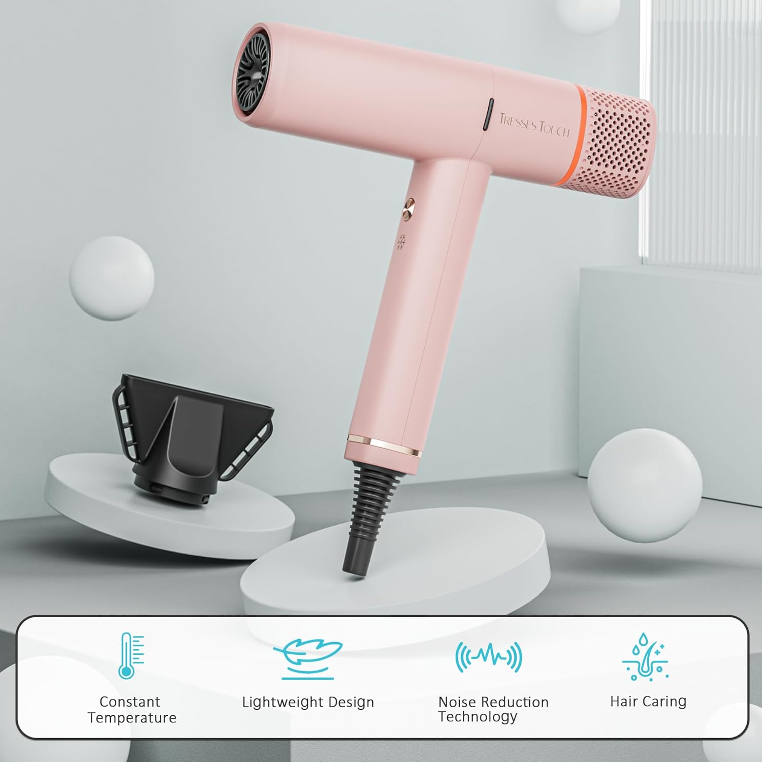 Diffuser Hair Dryers for Women, Professional High Speed Portable Ionic Hair Blow Dryer with Diffuser, 3 Temps/2 Speeds, 6.56 Ft Cord, Best for Straight & Wavy Hair, for Home Travel, Pink - Image 9