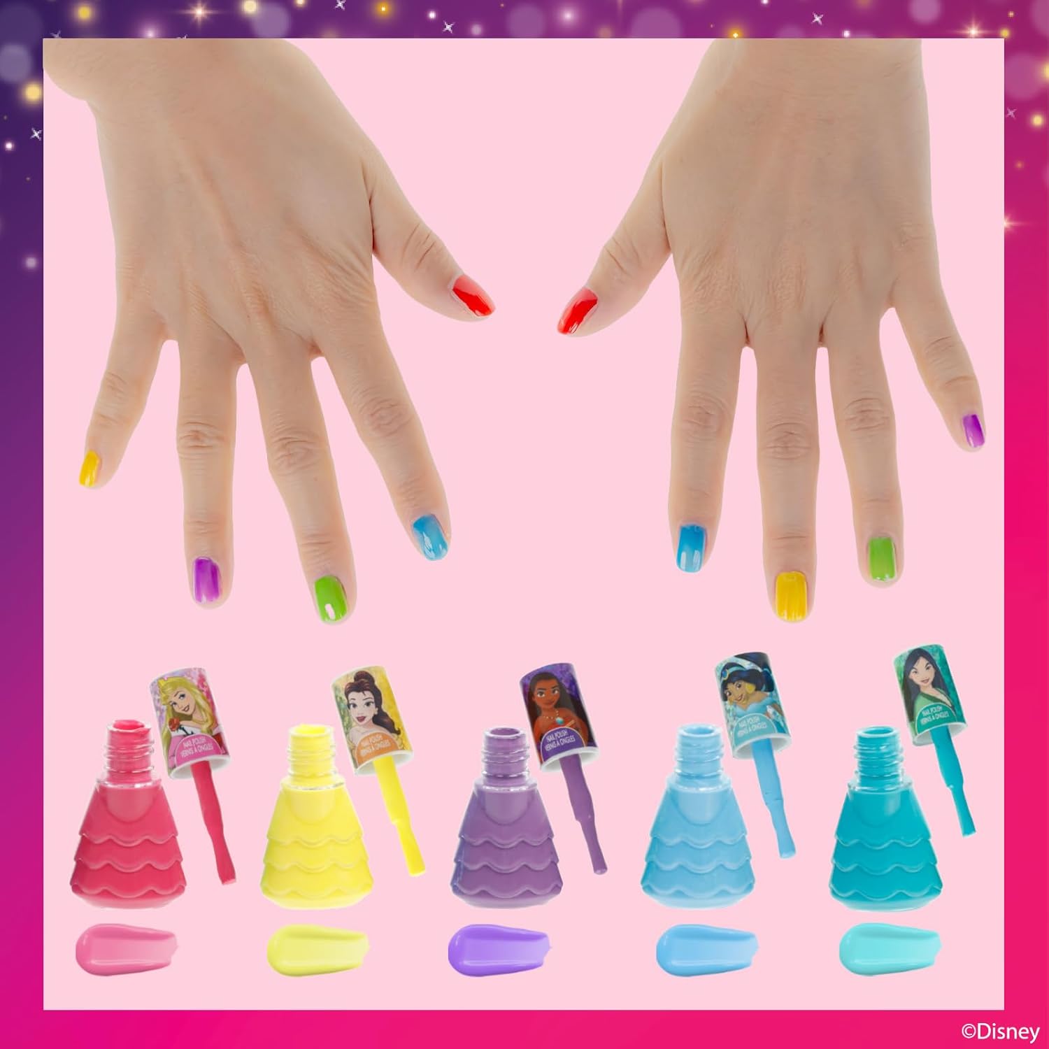 Disney Princess 15 Piece Water-Based Nail Polish with 3 Toe Spacers, Quick Dry, Peel Off, Gift Kit Set for Kids Girls, Ages 3 by Townley Girl - Image 6
