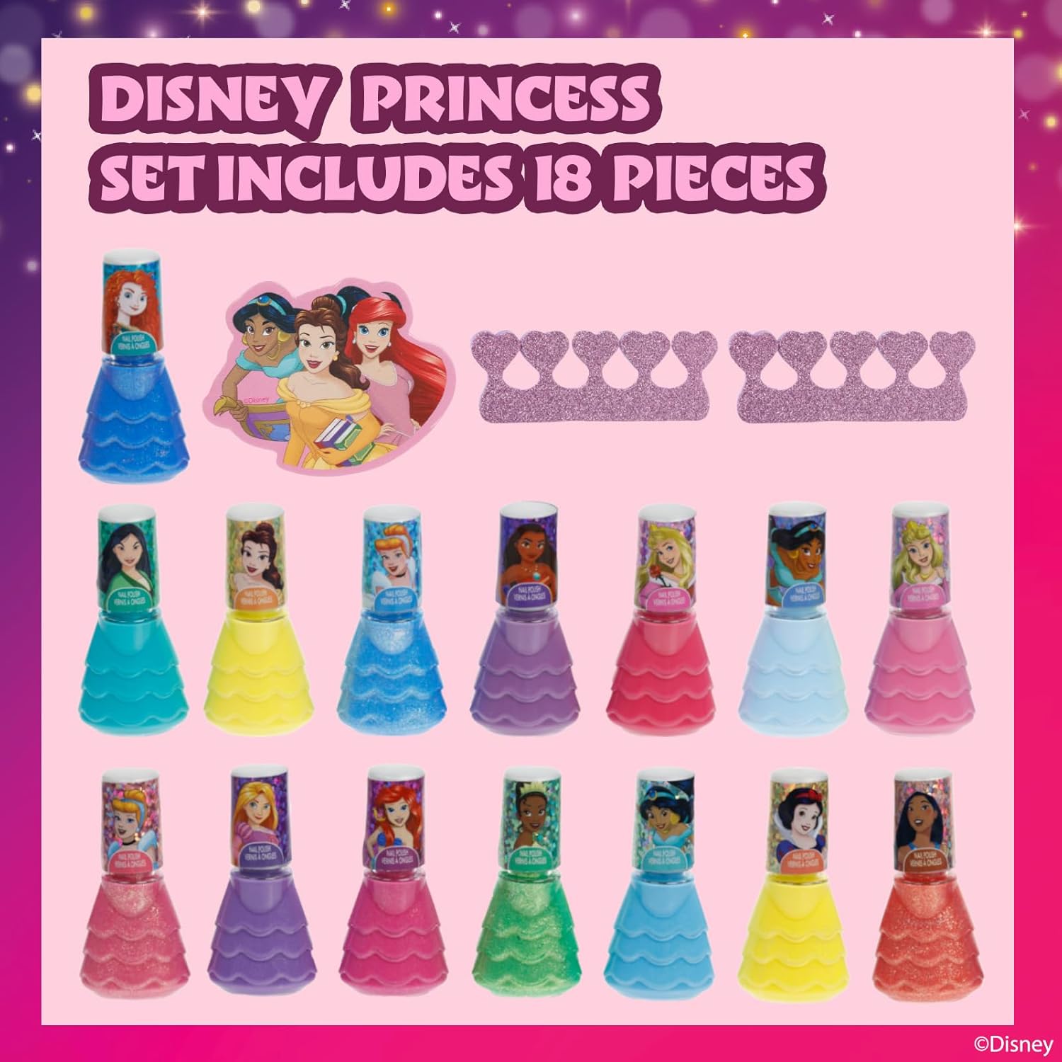 Disney Princess 15 Piece Water-Based Nail Polish with 3 Toe Spacers, Quick Dry, Peel Off, Gift Kit Set for Kids Girls, Ages 3 by Townley Girl - Image 2