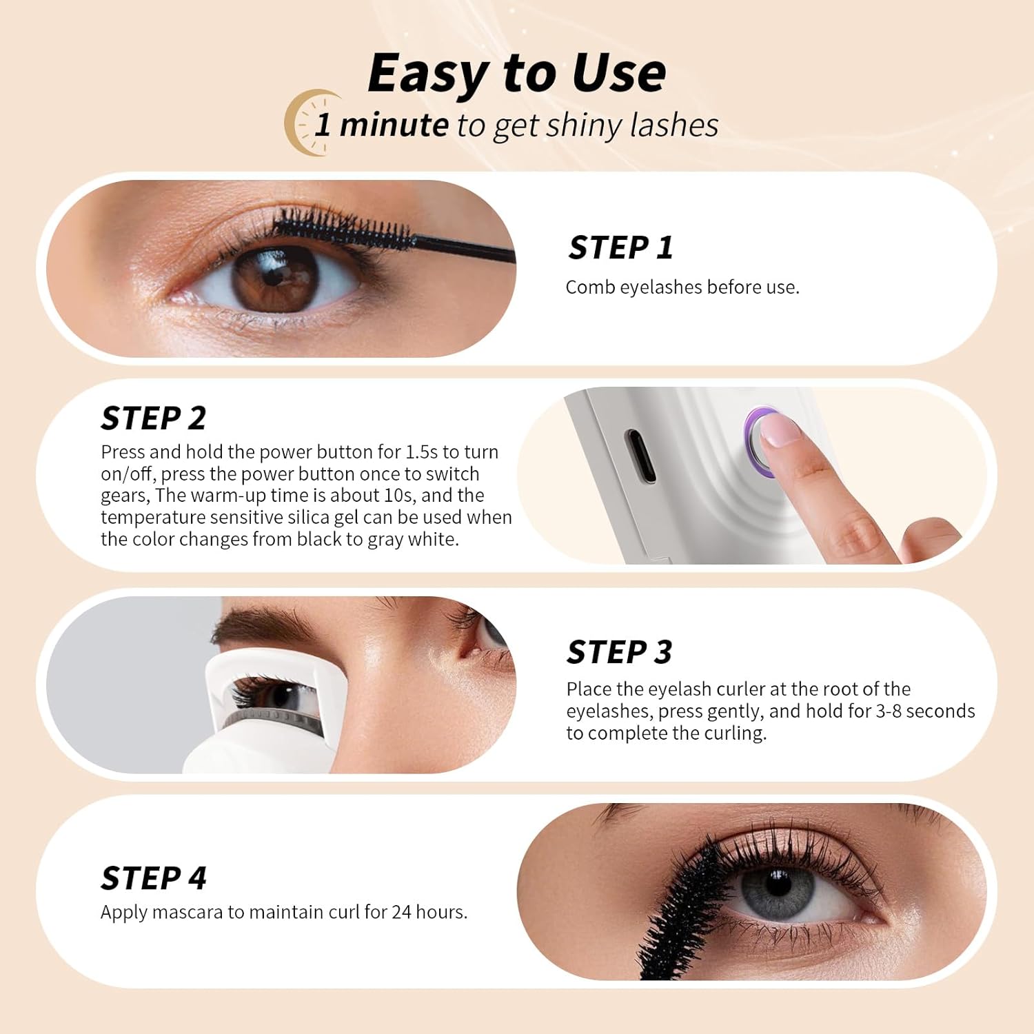 docolor Heated Eyelash Curler fast heat up within 10s, 24 hours long lasting Electric Eyelash Curler 3 Temperature Modes with USB Rechargeable safe lash curler quick natural curling eye lashes - Image 6