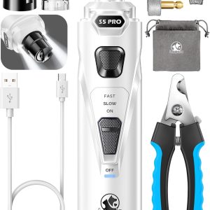 Dog Nail Grinder with 2 LED Lights Powerful 2 Speeds Super Quiet Dog Nail Trimmers with 3 Grinding Wheels Rechargeable Pet Dog Nail Clippers for Large Medium Puppy Dogs Dog Nail File Cat Nail Clipper