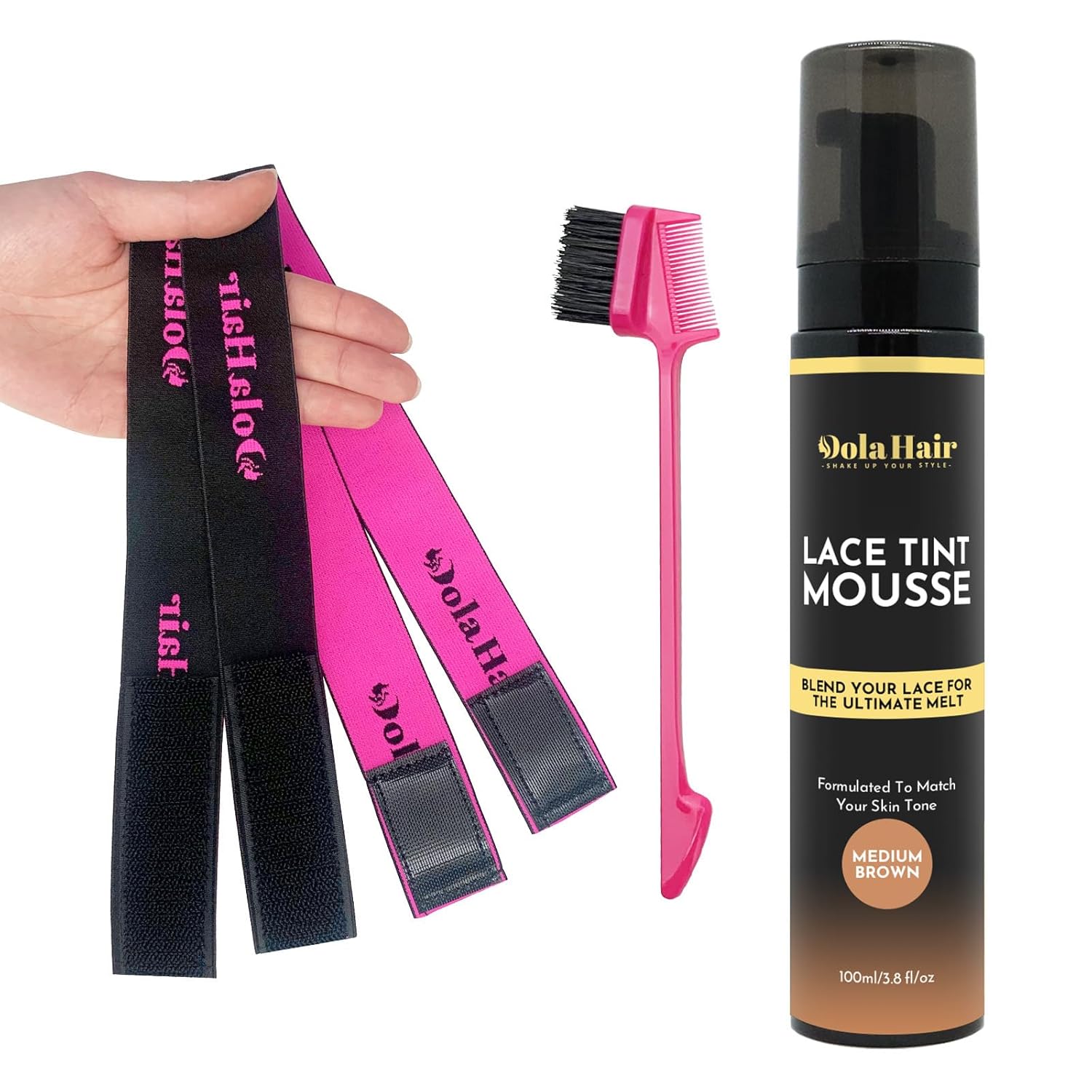 Dolahair Medium Brown Wig Tint Lace Spray and Mousse for Melting Lace Wigs, with 2 Elastic Bands