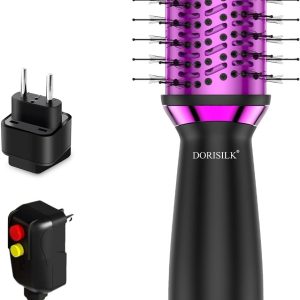 DORISILK Small Dual Voltage Blow Dryer Brush,4 in 1 Blow Dryer Brush for Drying Straightening Curling Volumizing，Travel Hot Air Styler with 2 Inch Oval Barrel