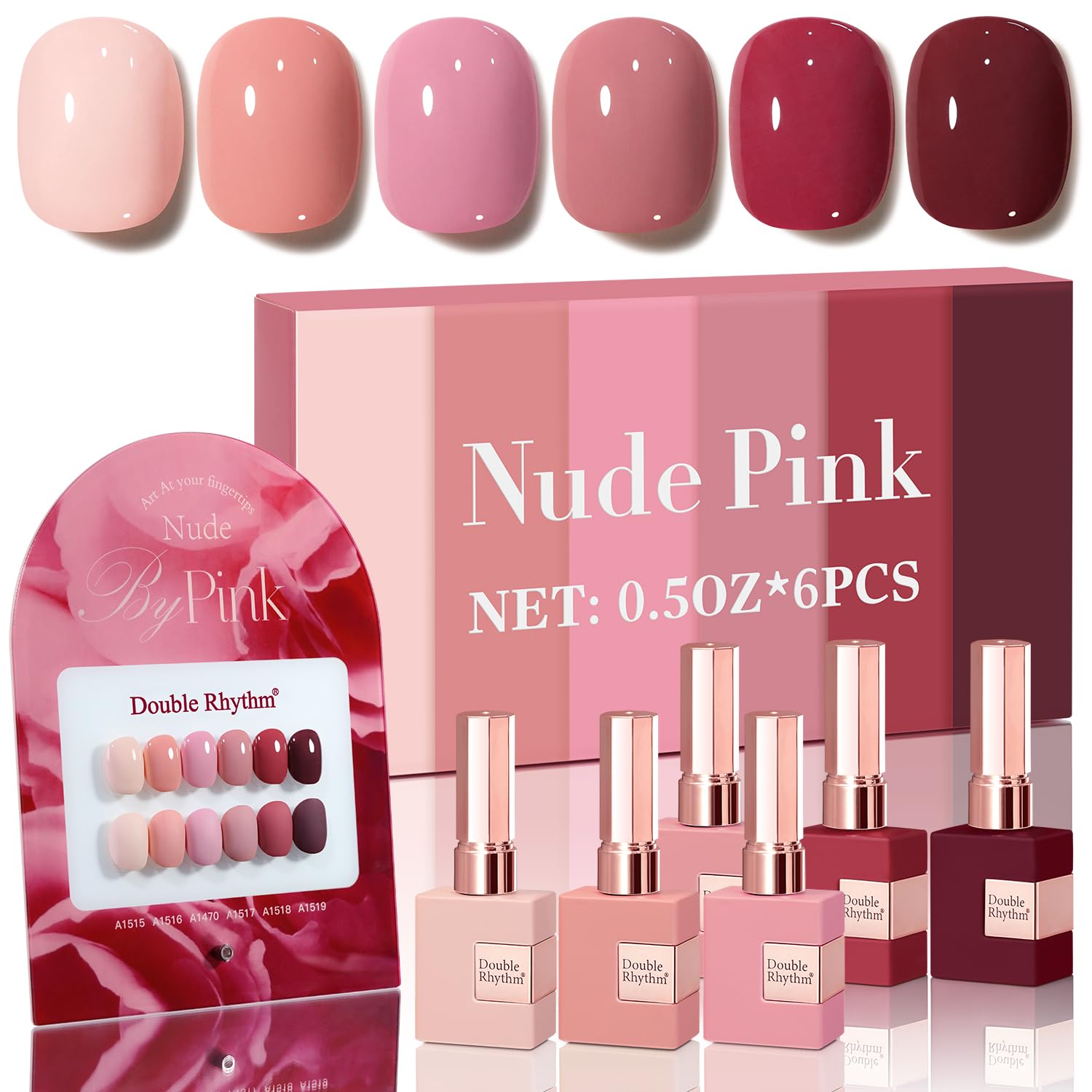 Double Rhythm 6 Pcs 15 ML Gel Polish Set Same Color Same Bottle Soak Off Gel Polish Kit Nail Art Manicure Salon DIY at Home for Women (Burgundy Red Nude Pink Purple Beige-T6-3)