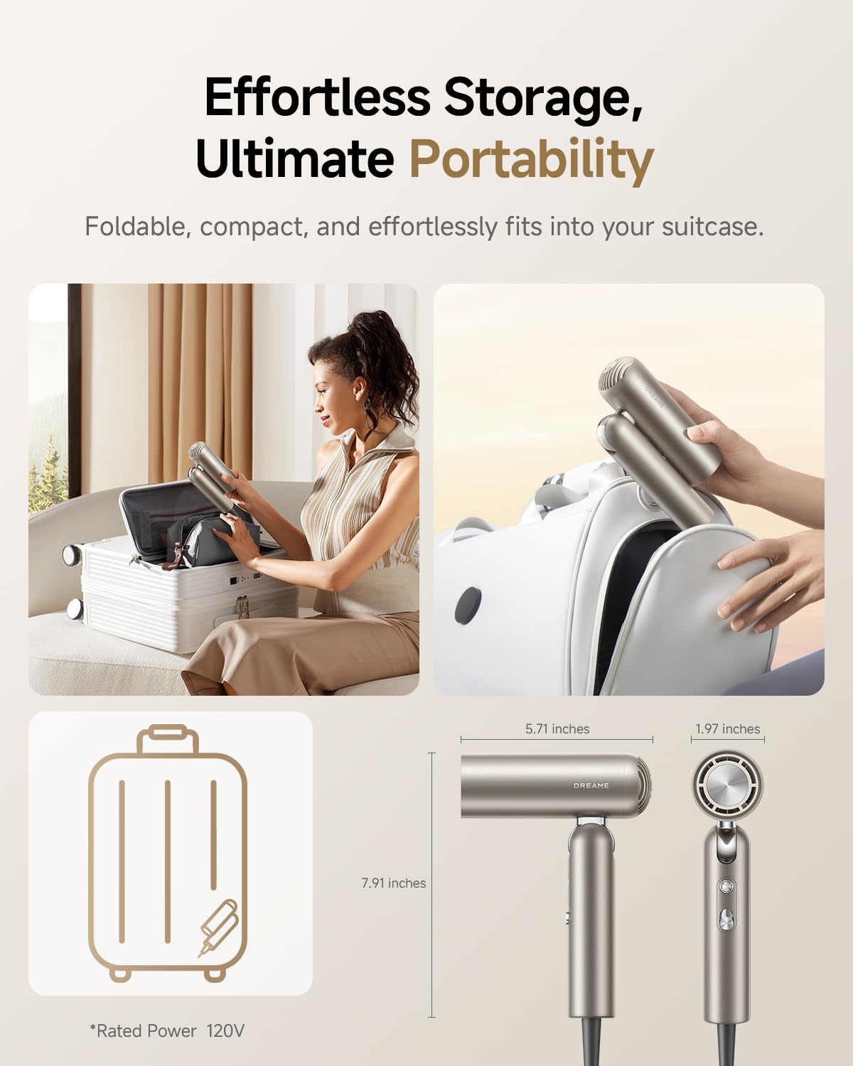 Dreame Pocket Hair Dryer - Ultra Lightweight Blow Dryer with 2 Styling Attachments, Fast Drying, High-Speed Brushless Motor, 300M Negative Ions, Low Noise, Portable for Home & Domestic Travel & Gym - Image 2